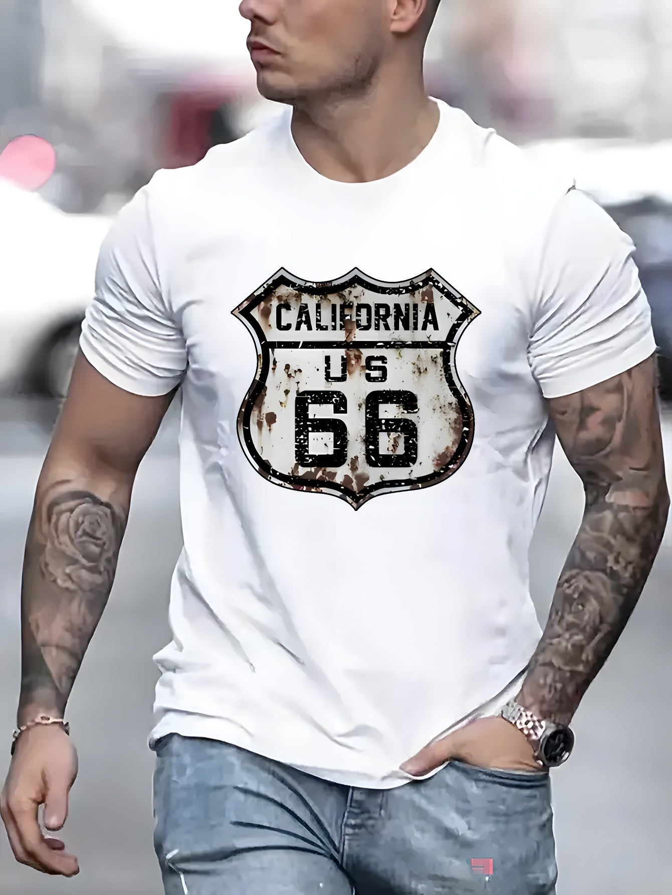 Men's Polyester Blend T-Shirt - Crew Neck, Short Sleeve, Regular Fit, Knit Fabric with California Route 66 Print - Casual Summer Top with Slight Stretch, 180g Fabric Weight