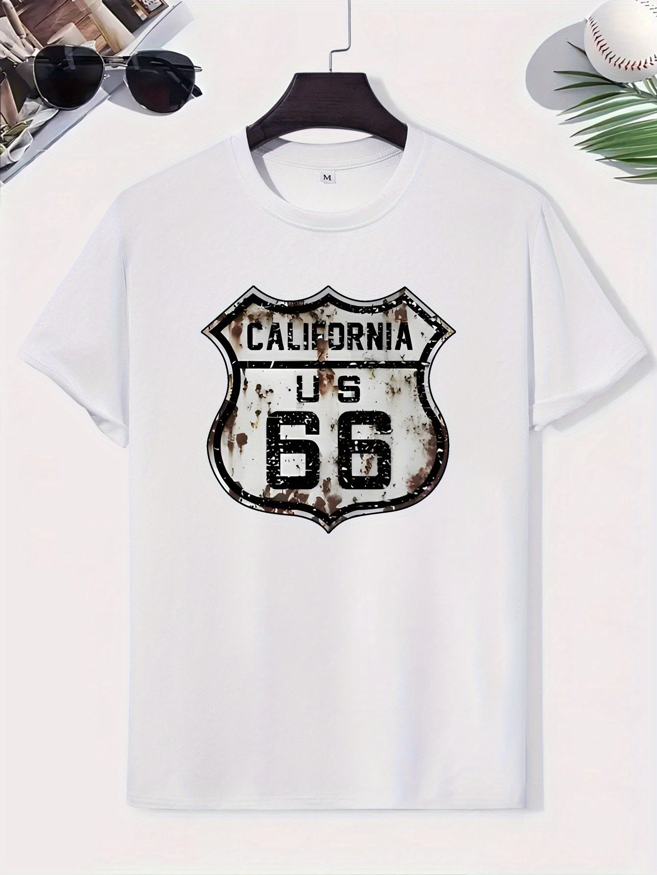 Men's Polyester Blend T-Shirt - Crew Neck, Short Sleeve, Regular Fit, Knit Fabric with California Route 66 Print - Casual Summer Top with Slight Stretch, 180g Fabric Weight