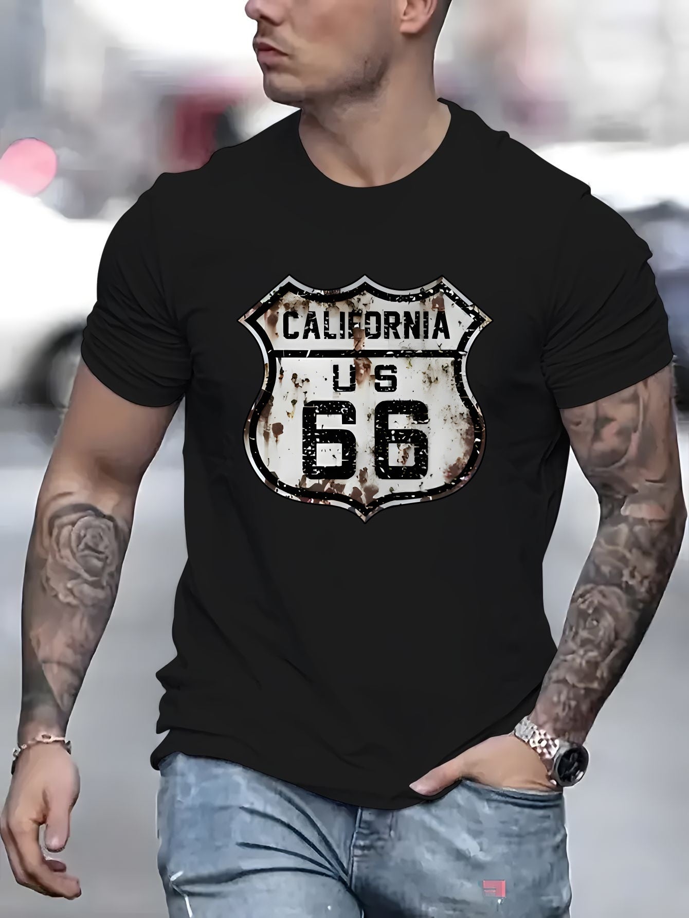 Men's Polyester Blend T-Shirt - Crew Neck, Short Sleeve, Regular Fit, Knit Fabric with California Route 66 Print - Casual Summer Top with Slight Stretch, 180g Fabric Weight