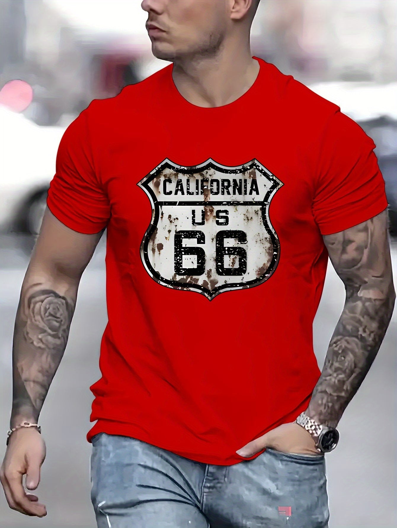 Men's Polyester Blend T-Shirt - Crew Neck, Short Sleeve, Regular Fit, Knit Fabric with California Route 66 Print - Casual Summer Top with Slight Stretch, 180g Fabric Weight