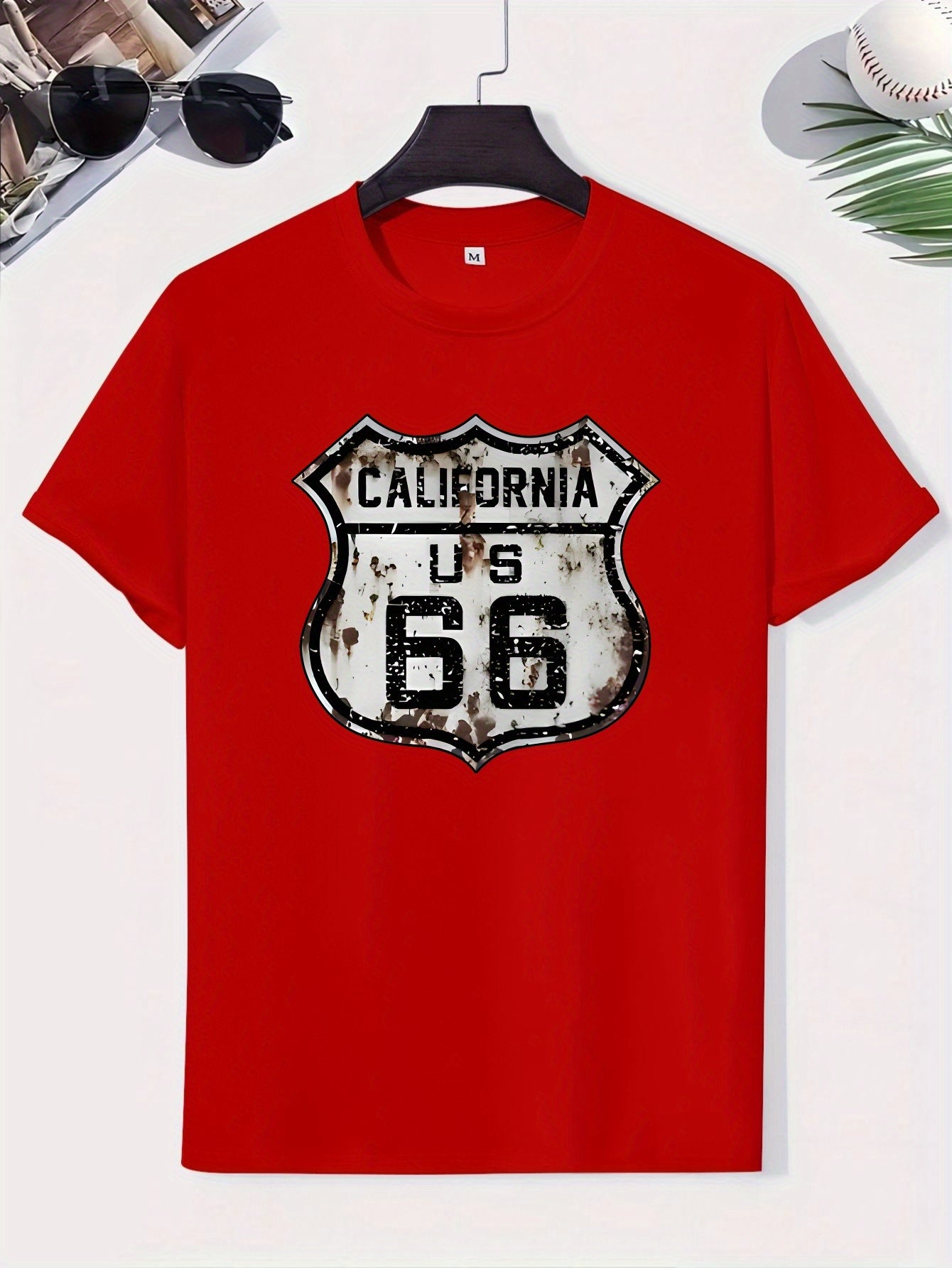 Men's Polyester Blend T-Shirt - Crew Neck, Short Sleeve, Regular Fit, Knit Fabric with California Route 66 Print - Casual Summer Top with Slight Stretch, 180g Fabric Weight