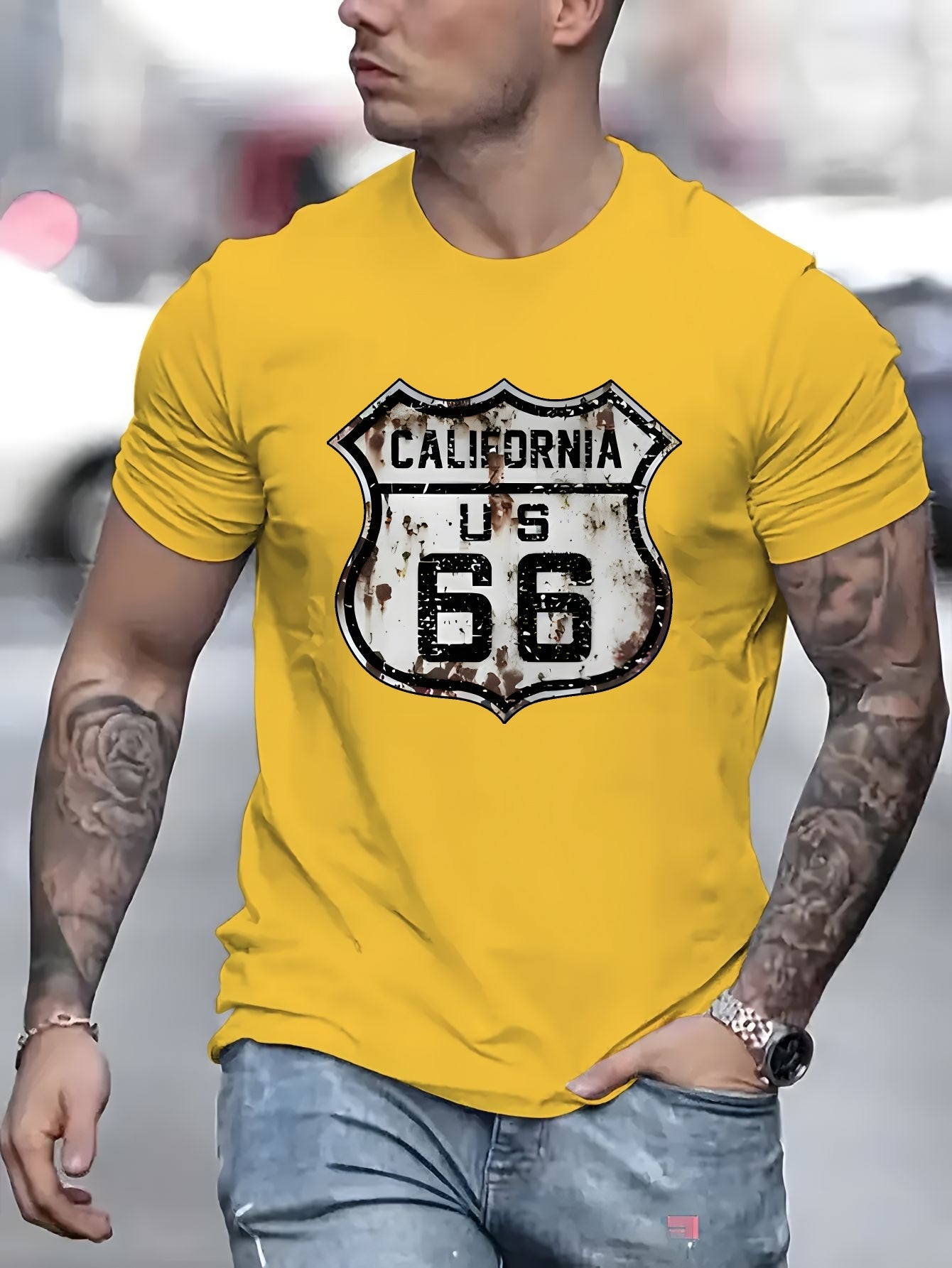 Men's Polyester Blend T-Shirt - Crew Neck, Short Sleeve, Regular Fit, Knit Fabric with California Route 66 Print - Casual Summer Top with Slight Stretch, 180g Fabric Weight