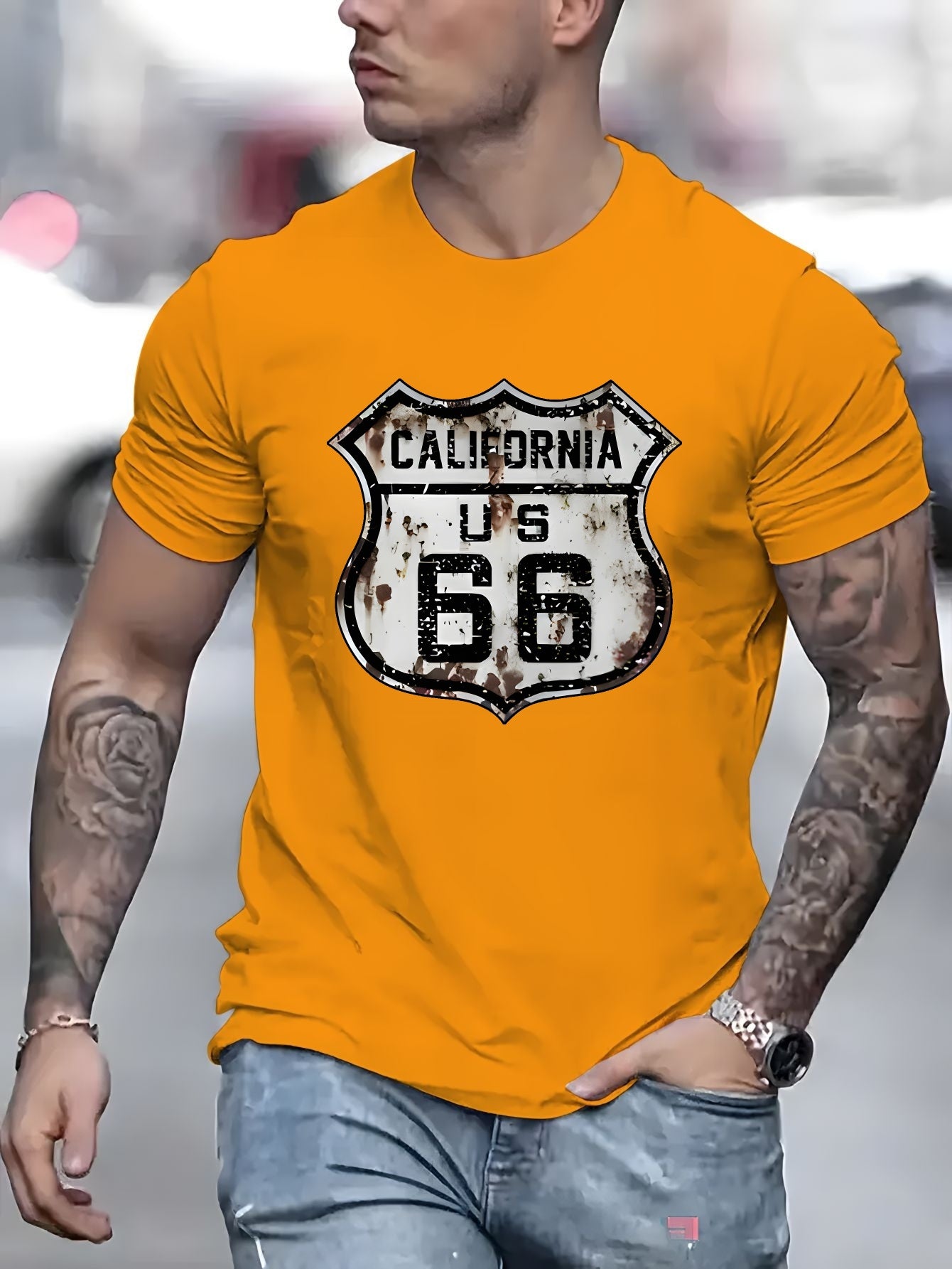 Men's Polyester Blend T-Shirt - Crew Neck, Short Sleeve, Regular Fit, Knit Fabric with California Route 66 Print - Casual Summer Top with Slight Stretch, 180g Fabric Weight