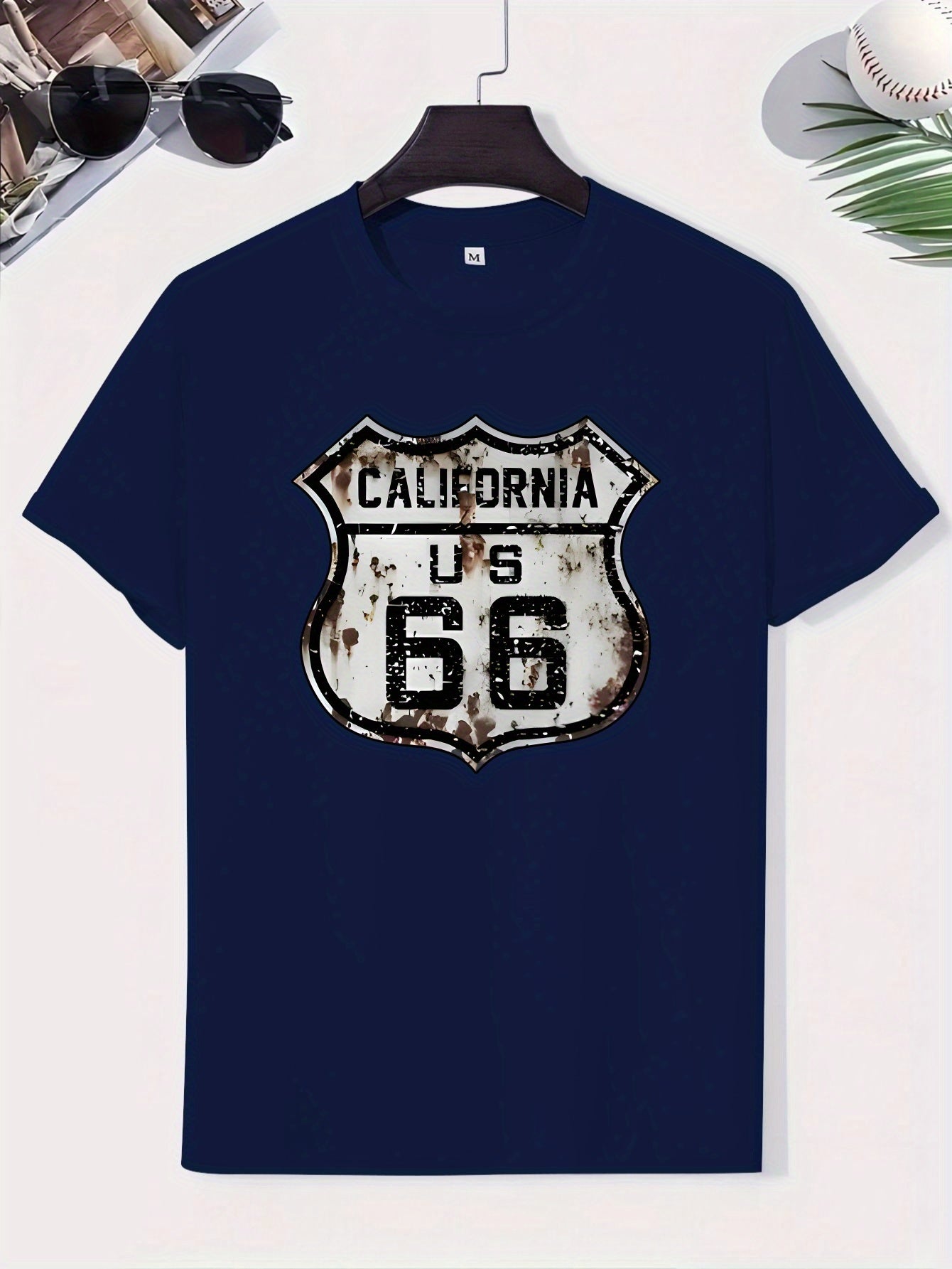 Men's Polyester Blend T-Shirt - Crew Neck, Short Sleeve, Regular Fit, Knit Fabric with California Route 66 Print - Casual Summer Top with Slight Stretch, 180g Fabric Weight