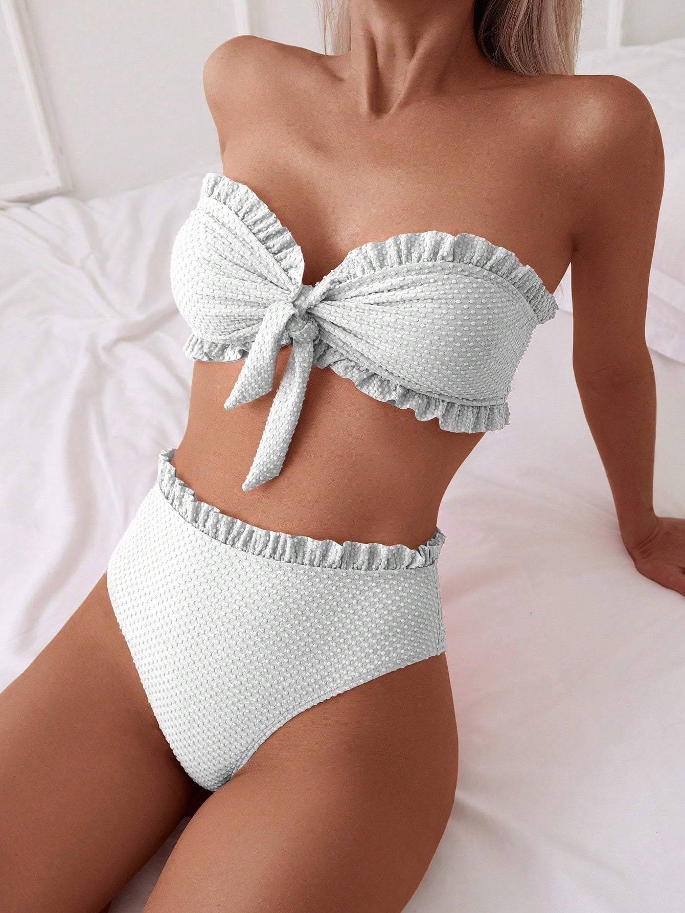 Women's Solid Color Ruffle Bandeau Sexy Bikini Set For Summer Beach