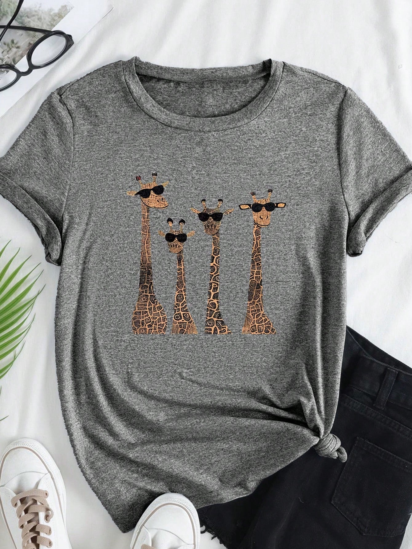 LUNE 4pcs Giraffe Pattern Short Sleeve T-Shirt With Eye Decoration, Casual