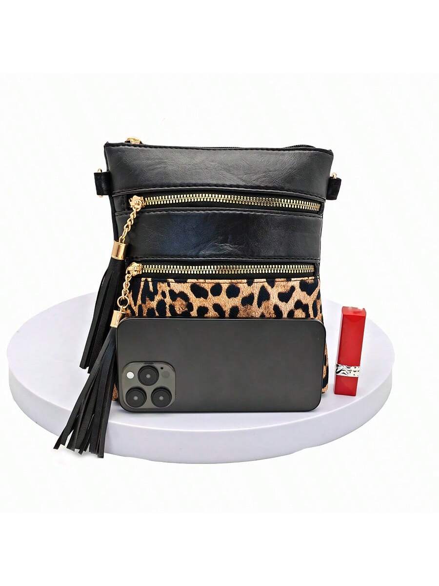 Leopard Print Wide Strap Shoulder Bag, Fashion Shoulder Crossbody Bag, New European And American Style Crossbody Bag, Fashionable Ultra-Thin Contrast Color Crossbody Purse, Crossbody Bag With Tassel, Trendy Lepard Print Cheetah Bag For Women Leopard Come