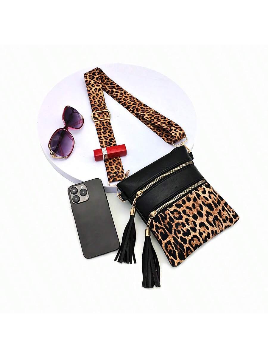 Leopard Print Wide Strap Shoulder Bag, Fashion Shoulder Crossbody Bag, New European And American Style Crossbody Bag, Fashionable Ultra-Thin Contrast Color Crossbody Purse, Crossbody Bag With Tassel, Trendy Lepard Print Cheetah Bag For Women Leopard Come