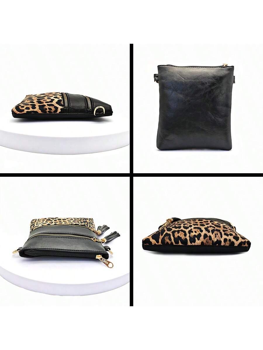 Leopard Print Wide Strap Shoulder Bag, Fashion Shoulder Crossbody Bag, New European And American Style Crossbody Bag, Fashionable Ultra-Thin Contrast Color Crossbody Purse, Crossbody Bag With Tassel, Trendy Lepard Print Cheetah Bag For Women Leopard Come