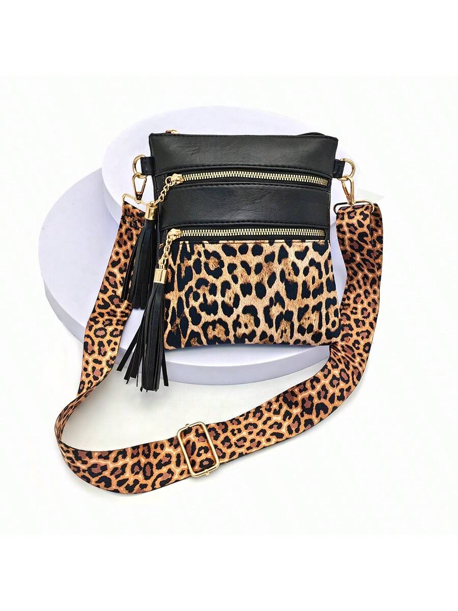 Leopard Print Wide Strap Shoulder Bag, Fashion Shoulder Crossbody Bag, New European And American Style Crossbody Bag, Fashionable Ultra-Thin Contrast Color Crossbody Purse, Crossbody Bag With Tassel, Trendy Lepard Print Cheetah Bag For Women Leopard Come