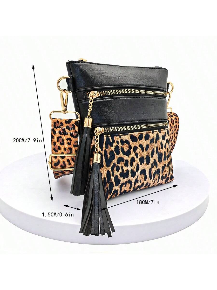 Leopard Print Wide Strap Shoulder Bag, Fashion Shoulder Crossbody Bag, New European And American Style Crossbody Bag, Fashionable Ultra-Thin Contrast Color Crossbody Purse, Crossbody Bag With Tassel, Trendy Lepard Print Cheetah Bag For Women Leopard Come