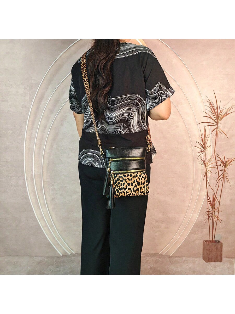 Leopard Print Wide Strap Shoulder Bag, Fashion Shoulder Crossbody Bag, New European And American Style Crossbody Bag, Fashionable Ultra-Thin Contrast Color Crossbody Purse, Crossbody Bag With Tassel, Trendy Lepard Print Cheetah Bag For Women Leopard Come