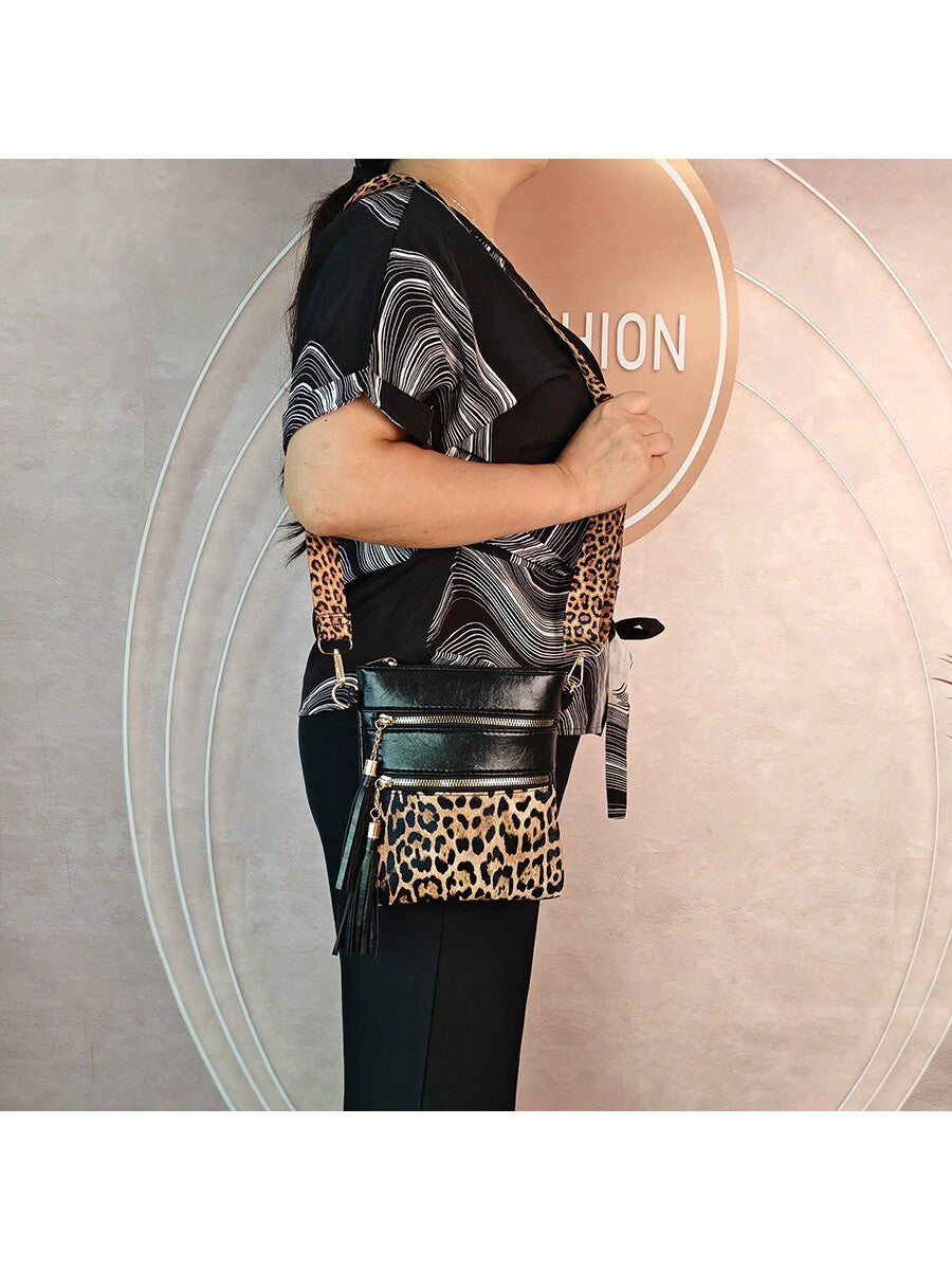 Leopard Print Wide Strap Shoulder Bag, Fashion Shoulder Crossbody Bag, New European And American Style Crossbody Bag, Fashionable Ultra-Thin Contrast Color Crossbody Purse, Crossbody Bag With Tassel, Trendy Lepard Print Cheetah Bag For Women Leopard Come