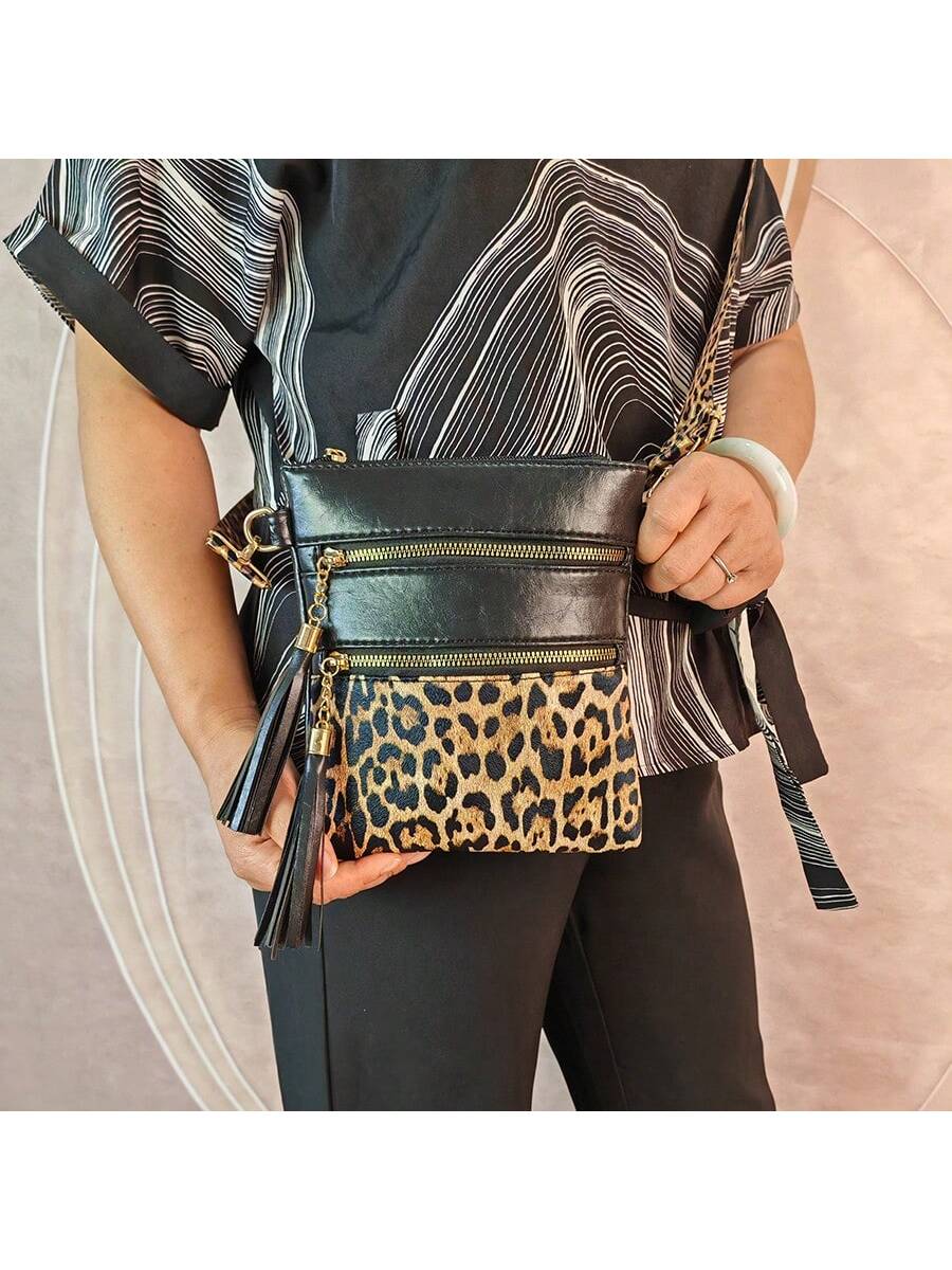 Leopard Print Wide Strap Shoulder Bag, Fashion Shoulder Crossbody Bag, New European And American Style Crossbody Bag, Fashionable Ultra-Thin Contrast Color Crossbody Purse, Crossbody Bag With Tassel, Trendy Lepard Print Cheetah Bag For Women Leopard Come