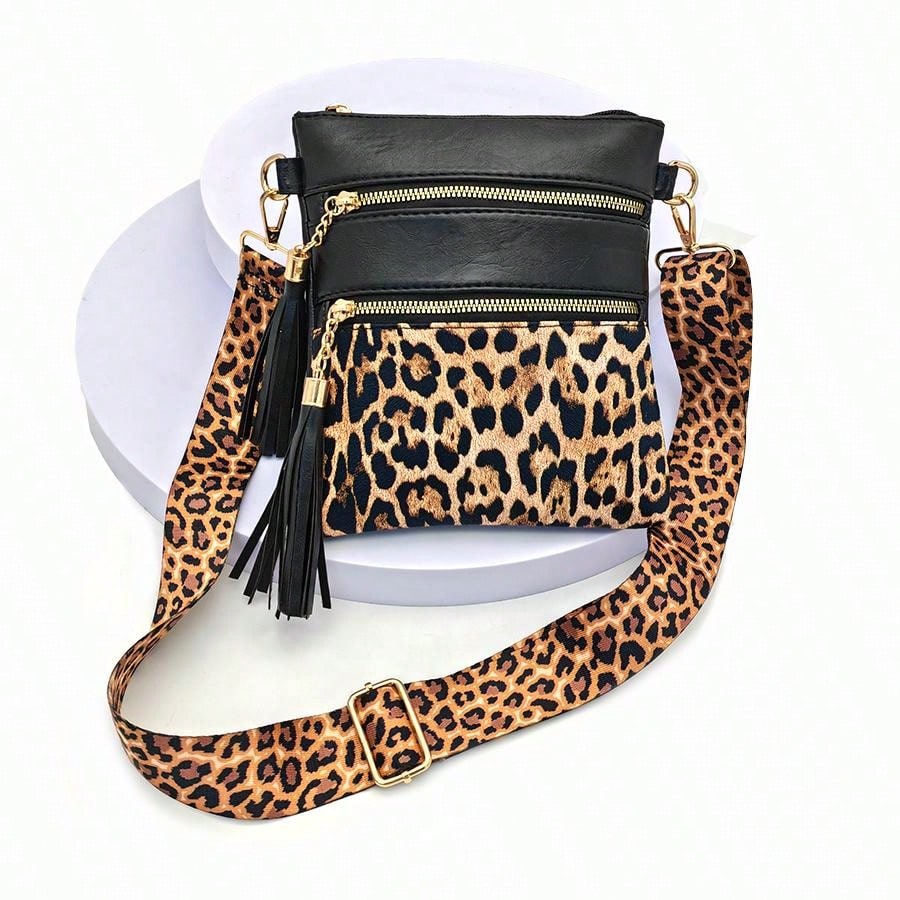 Leopard Print Wide Strap Shoulder Bag, Fashion Shoulder Crossbody Bag, New European And American Style Crossbody Bag, Fashionable Ultra-Thin Contrast Color Crossbody Purse, Crossbody Bag With Tassel, Trendy Lepard Print Cheetah Bag For Women Leopard Come