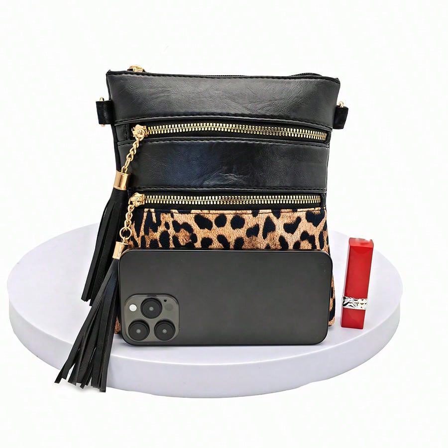 Leopard Print Wide Strap Shoulder Bag, Fashion Shoulder Crossbody Bag, New European And American Style Crossbody Bag, Fashionable Ultra-Thin Contrast Color Crossbody Purse, Crossbody Bag With Tassel, Trendy Lepard Print Cheetah Bag For Women Leopard Come