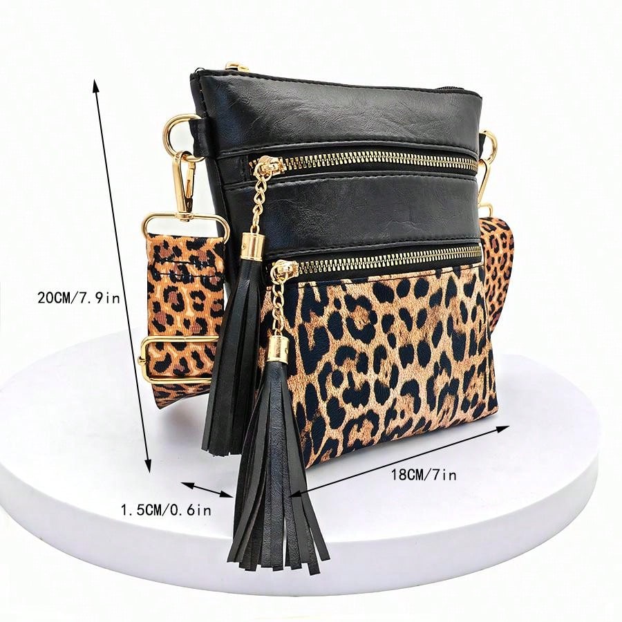 Leopard Print Wide Strap Shoulder Bag, Fashion Shoulder Crossbody Bag, New European And American Style Crossbody Bag, Fashionable Ultra-Thin Contrast Color Crossbody Purse, Crossbody Bag With Tassel, Trendy Lepard Print Cheetah Bag For Women Leopard Come