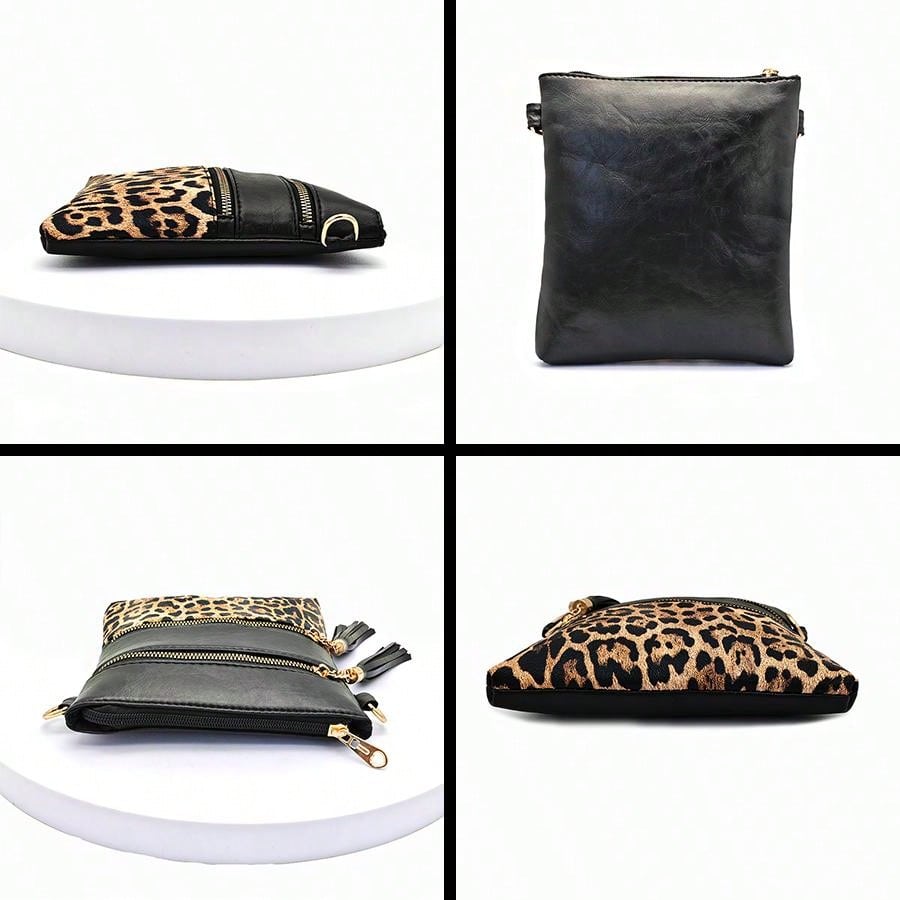 Leopard Print Wide Strap Shoulder Bag, Fashion Shoulder Crossbody Bag, New European And American Style Crossbody Bag, Fashionable Ultra-Thin Contrast Color Crossbody Purse, Crossbody Bag With Tassel, Trendy Lepard Print Cheetah Bag For Women Leopard Come