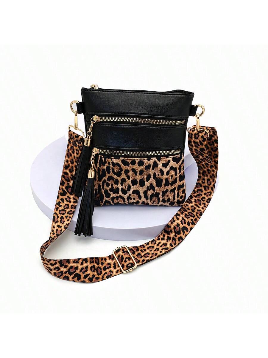 Leopard Print Wide Strap Shoulder Bag, Fashion Shoulder Crossbody Bag, New European And American Style Crossbody Bag, Fashionable Ultra-Thin Contrast Color Crossbody Purse, Crossbody Bag With Tassel, Trendy Lepard Print Cheetah Bag For Women Leopard Come