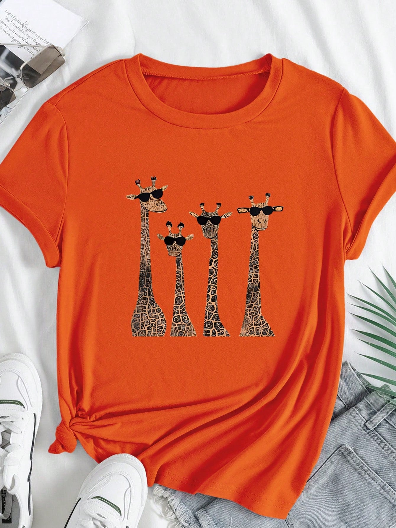 LUNE 4pcs Giraffe Pattern Short Sleeve T-Shirt With Eye Decoration, Casual