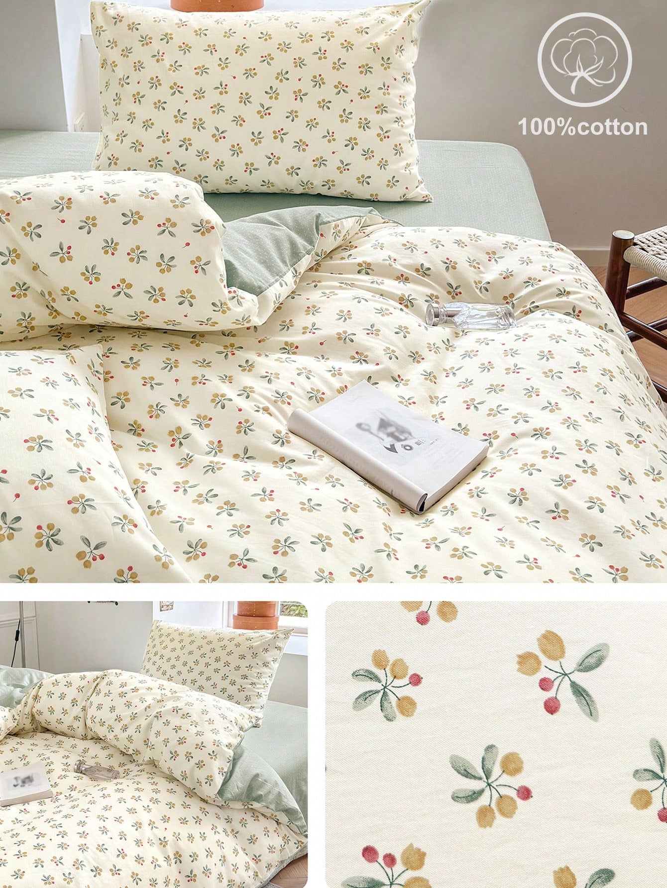 3pcs Ditsy Floral Fresh Girls Comfortable 4-Season Printed Duvet Cover Set, Twin/Full/Queen/King Size