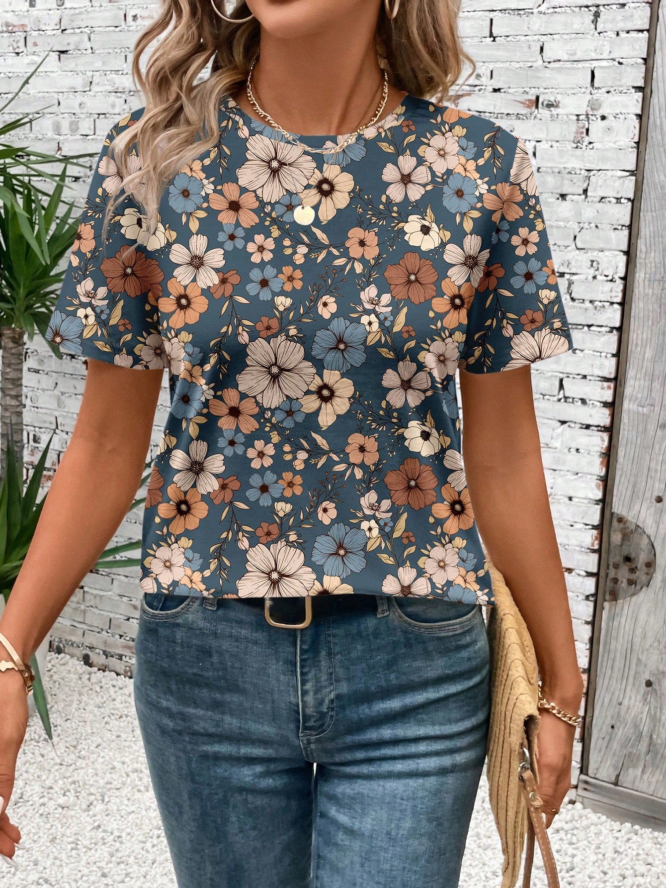 LUNE Casual Loose Fit Floral Print Short Sleeve Crew Neck T-Shirt For Women, Summer-Friendly