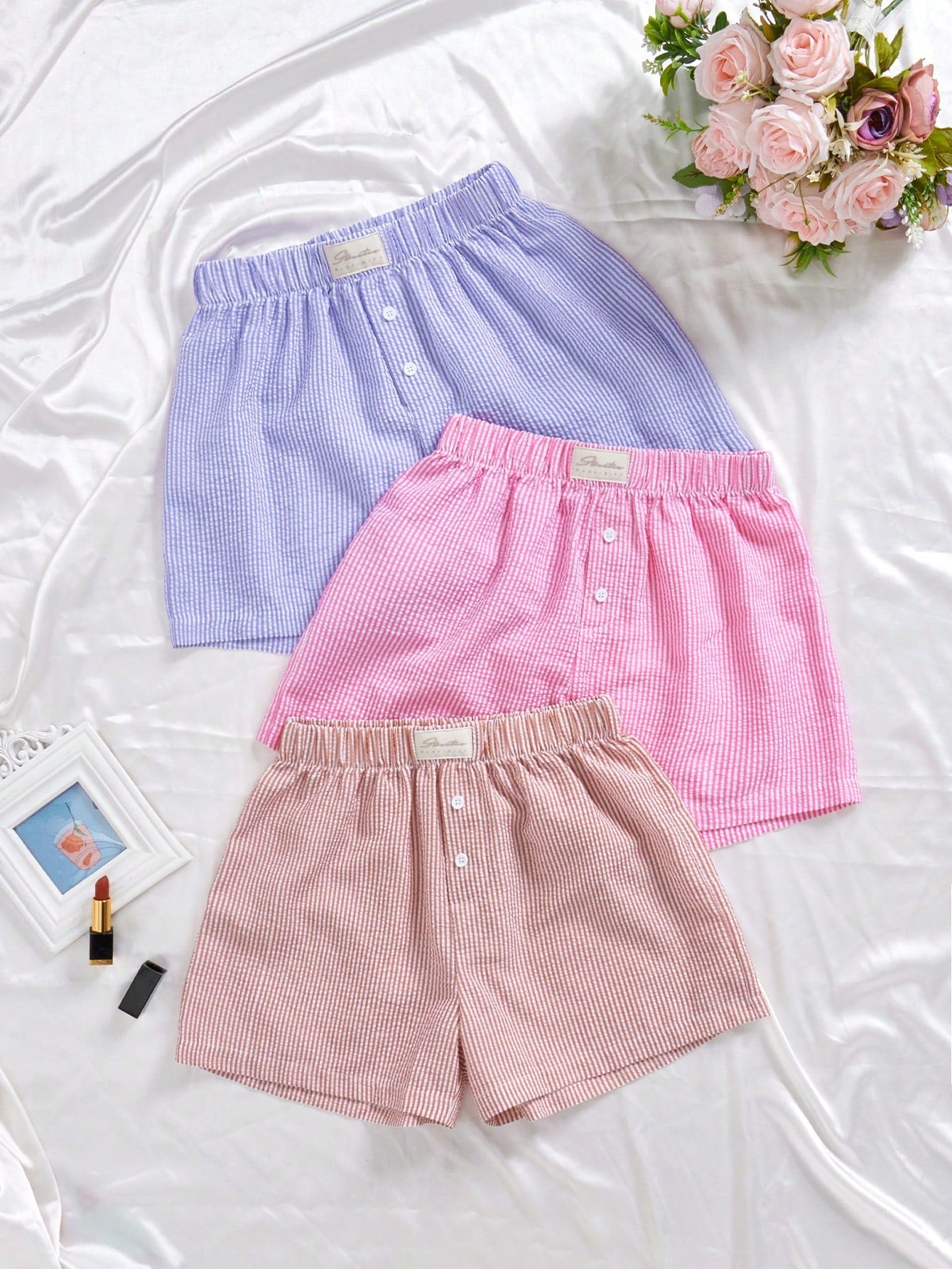 Women Casual Striped Elastic Waist Comfortable Shorts, Loungewear Set For Summer