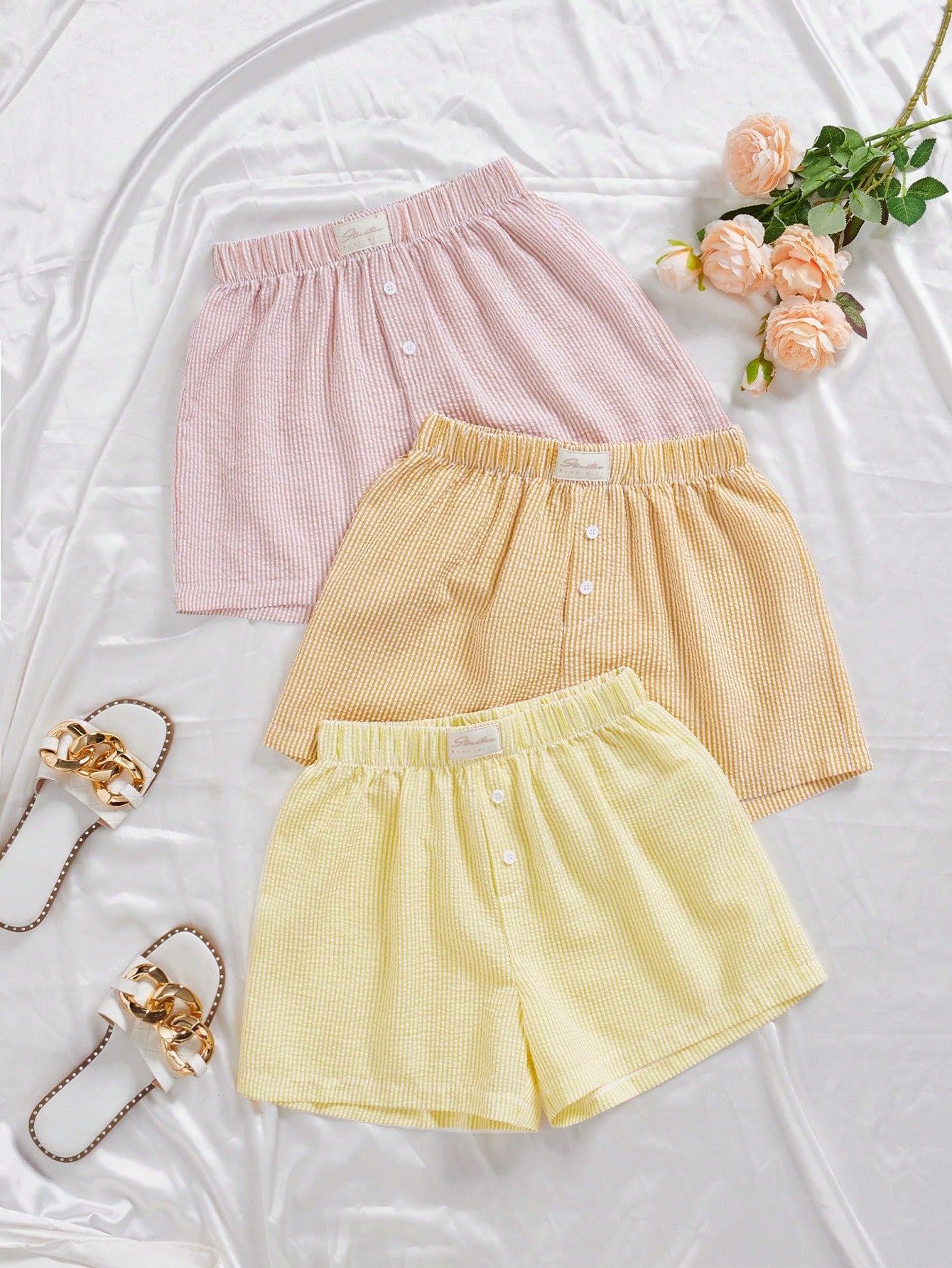 Women Casual Striped Elastic Waist Comfortable Shorts, Loungewear Set For Summer