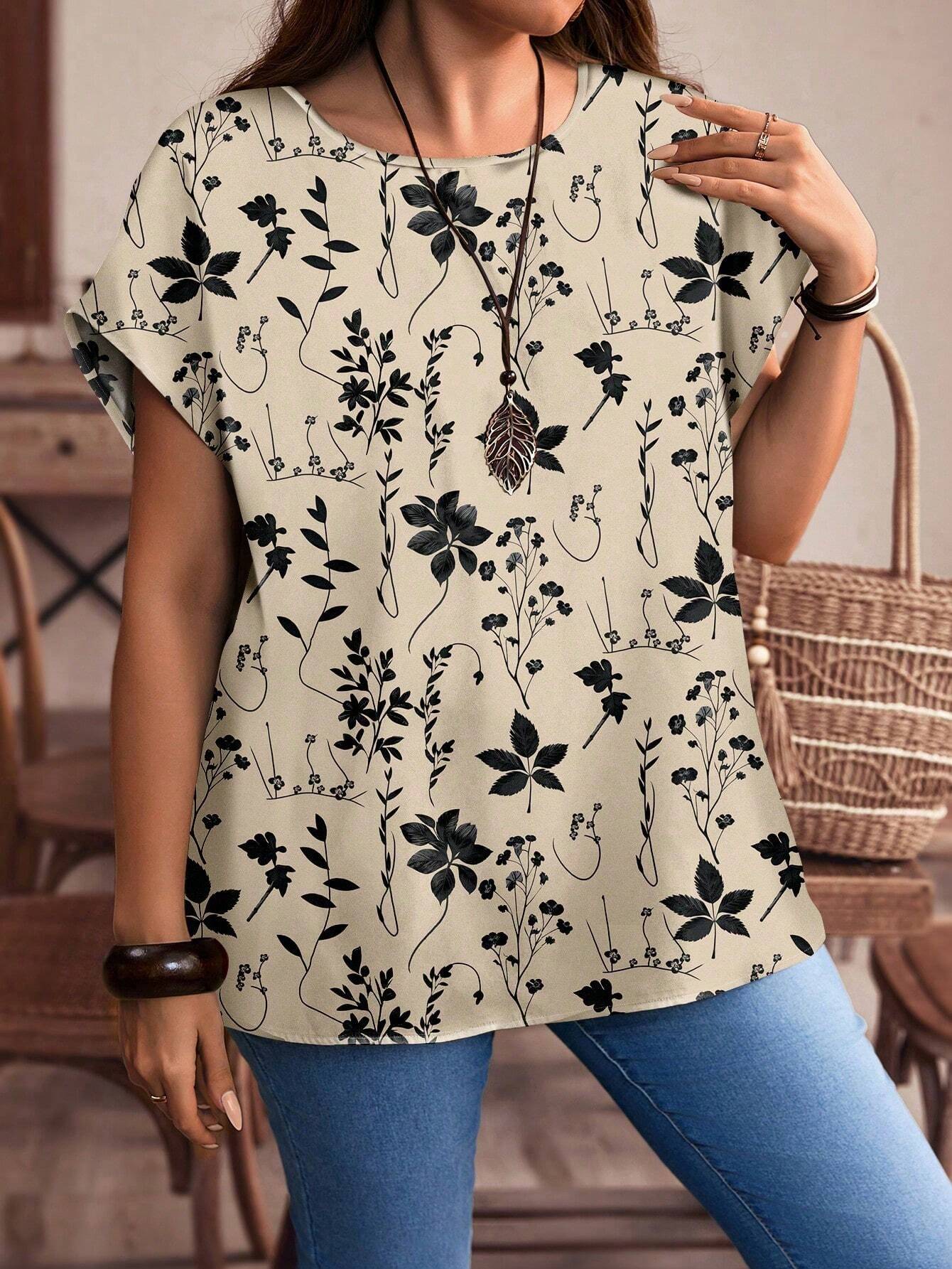 EMERY ROSE Plus Size Red Floral Pattern Casual All-Over Print Button-Up Shirt, Suitable For Autumn