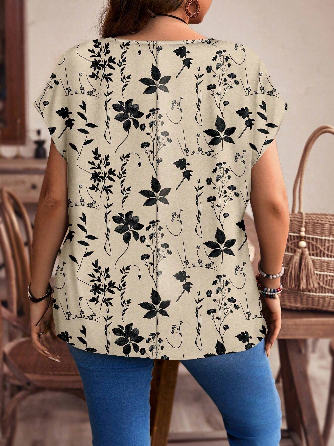 EMERY ROSE Plus Size Red Floral Pattern Casual All-Over Print Button-Up Shirt, Suitable For Autumn