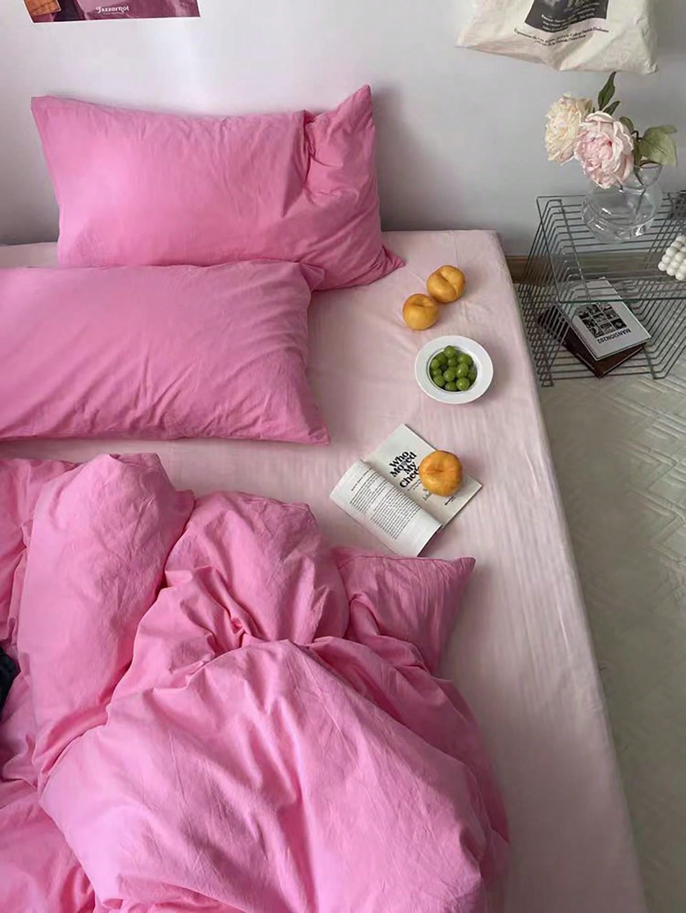 3pcs Nordic Style Peach Pink Solid Color Bedding Set Combination Includes 2 Pillow Cases And 1 Quilt Cover