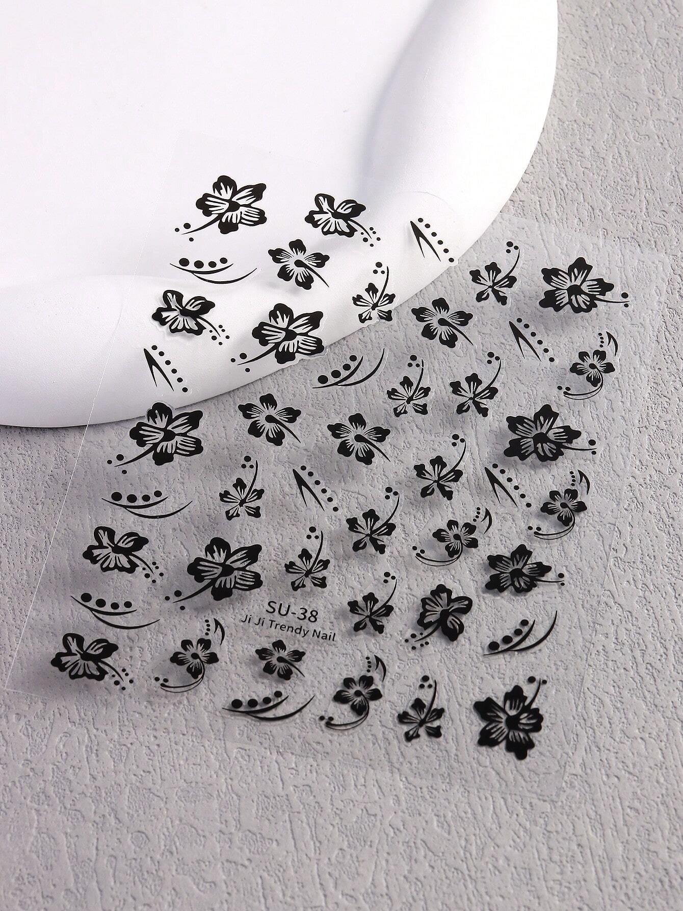 4Pcs Black Nail Stickers Water Transfer Fresh Nail Decals For Nail Art, Palm Leaf Flower Nail Design Stickers For DIY Nails Design Manicure Tips Decorations