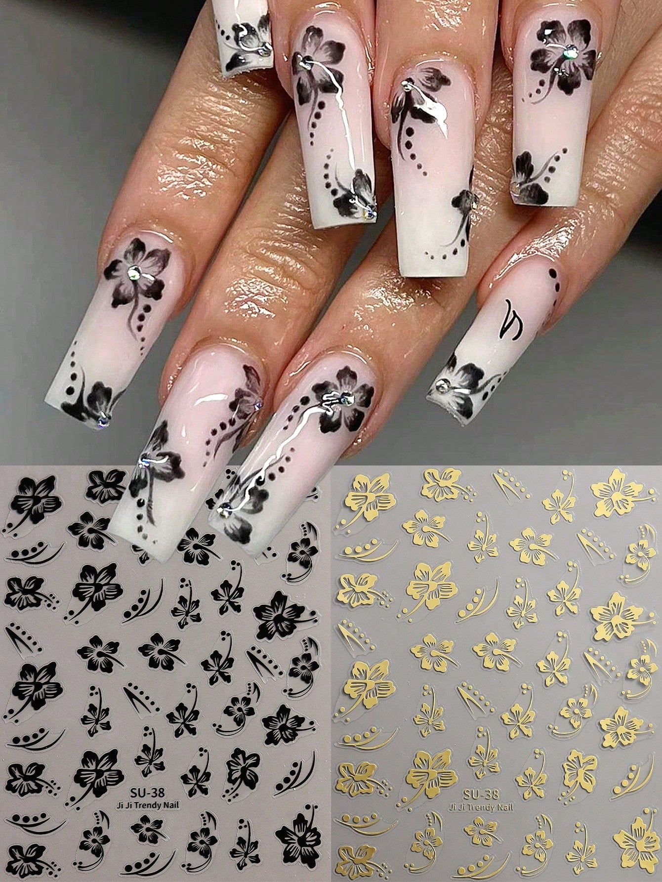 4Pcs Black Nail Stickers Water Transfer Fresh Nail Decals For Nail Art, Palm Leaf Flower Nail Design Stickers For DIY Nails Design Manicure Tips Decorations