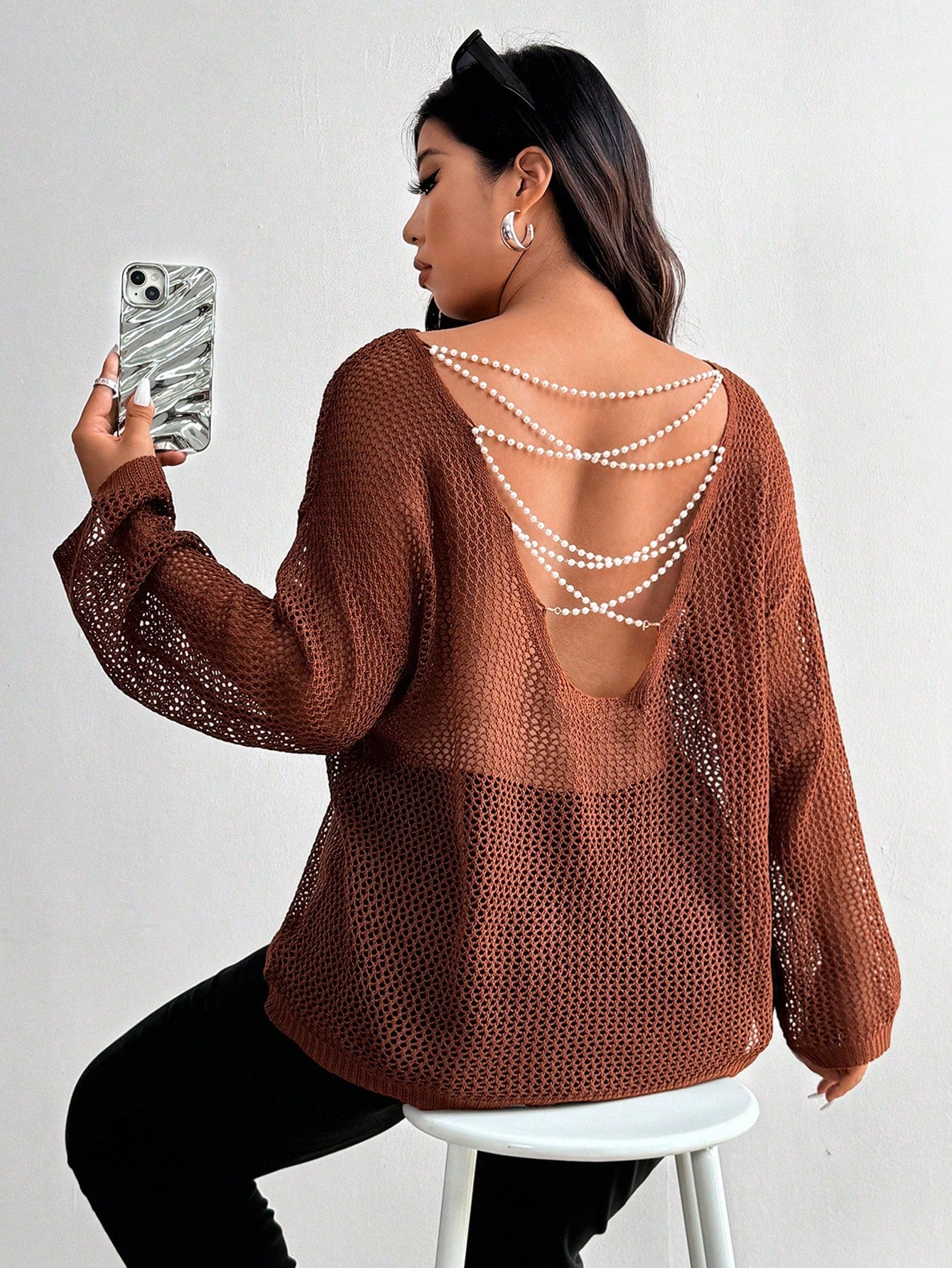 Essnce Plus Size Fashionable Simple Hollow Out Design Beaded Decorated Pullover Sweater