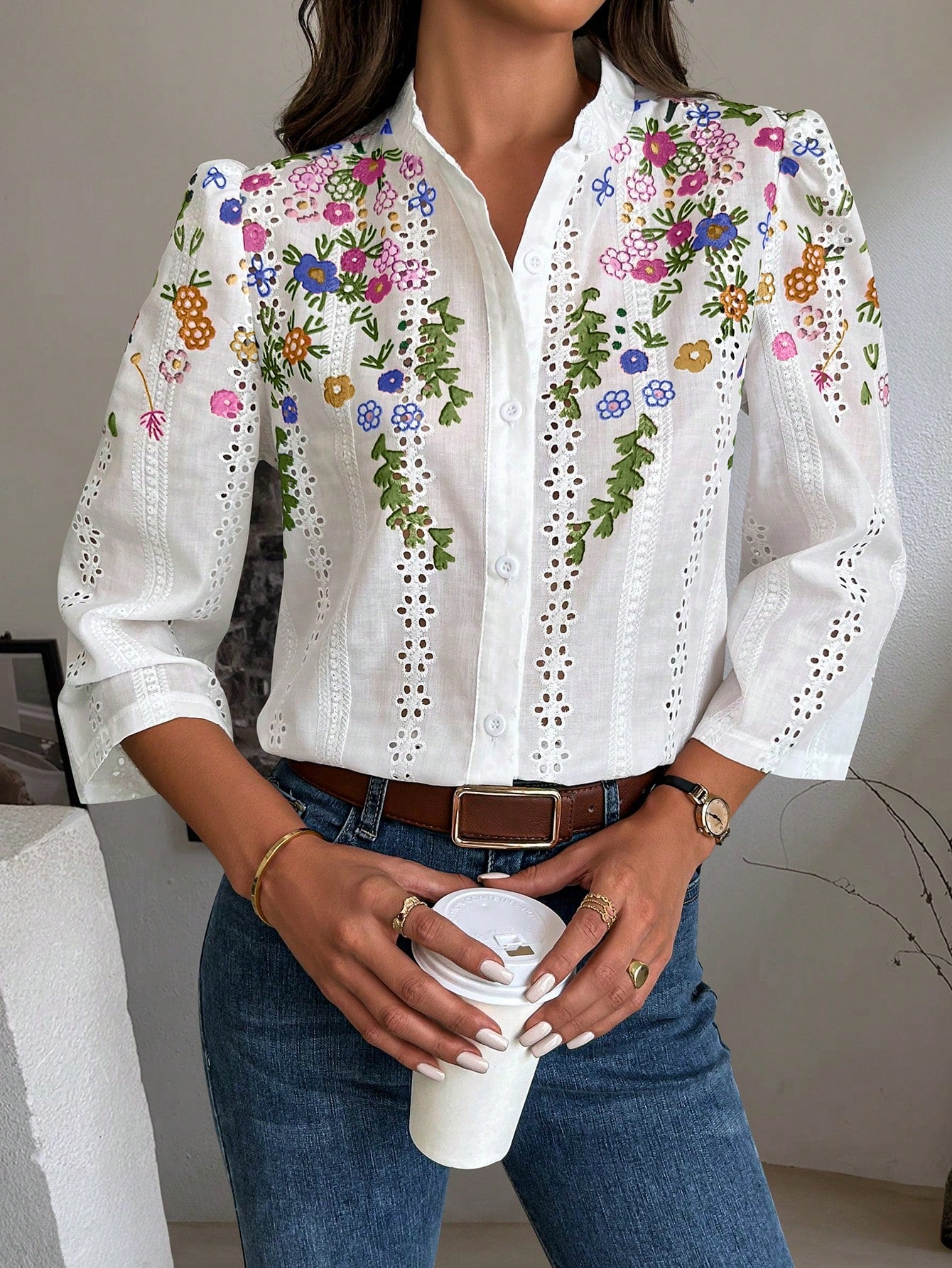 Clasi Floral Embroidery Button Front Shirt