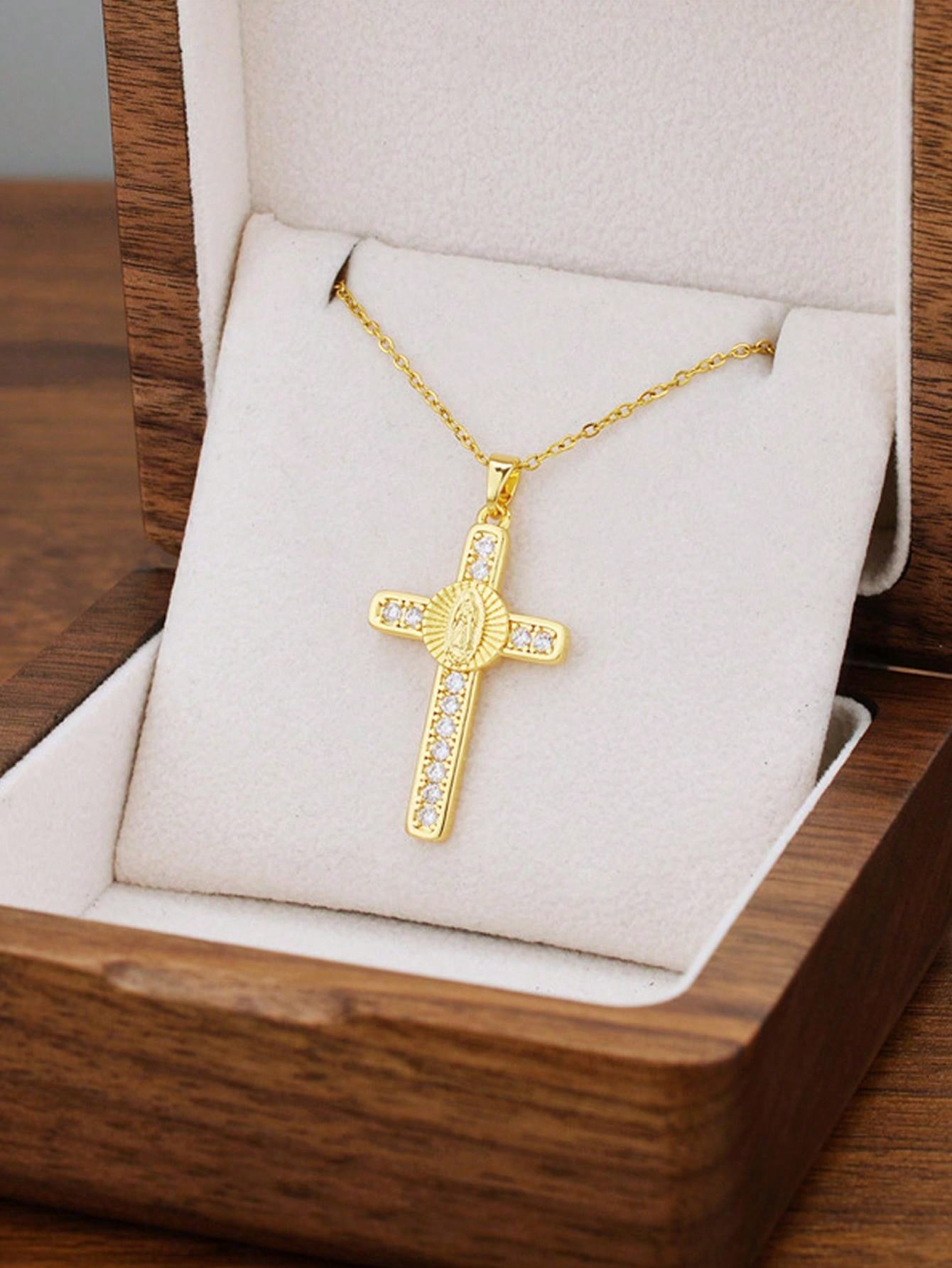 Fashion Design Sense Cross Madonna Pendant Necklace Light Luxury High Sense Titanium Steel Clavicle Chain Ideal Gift Choice