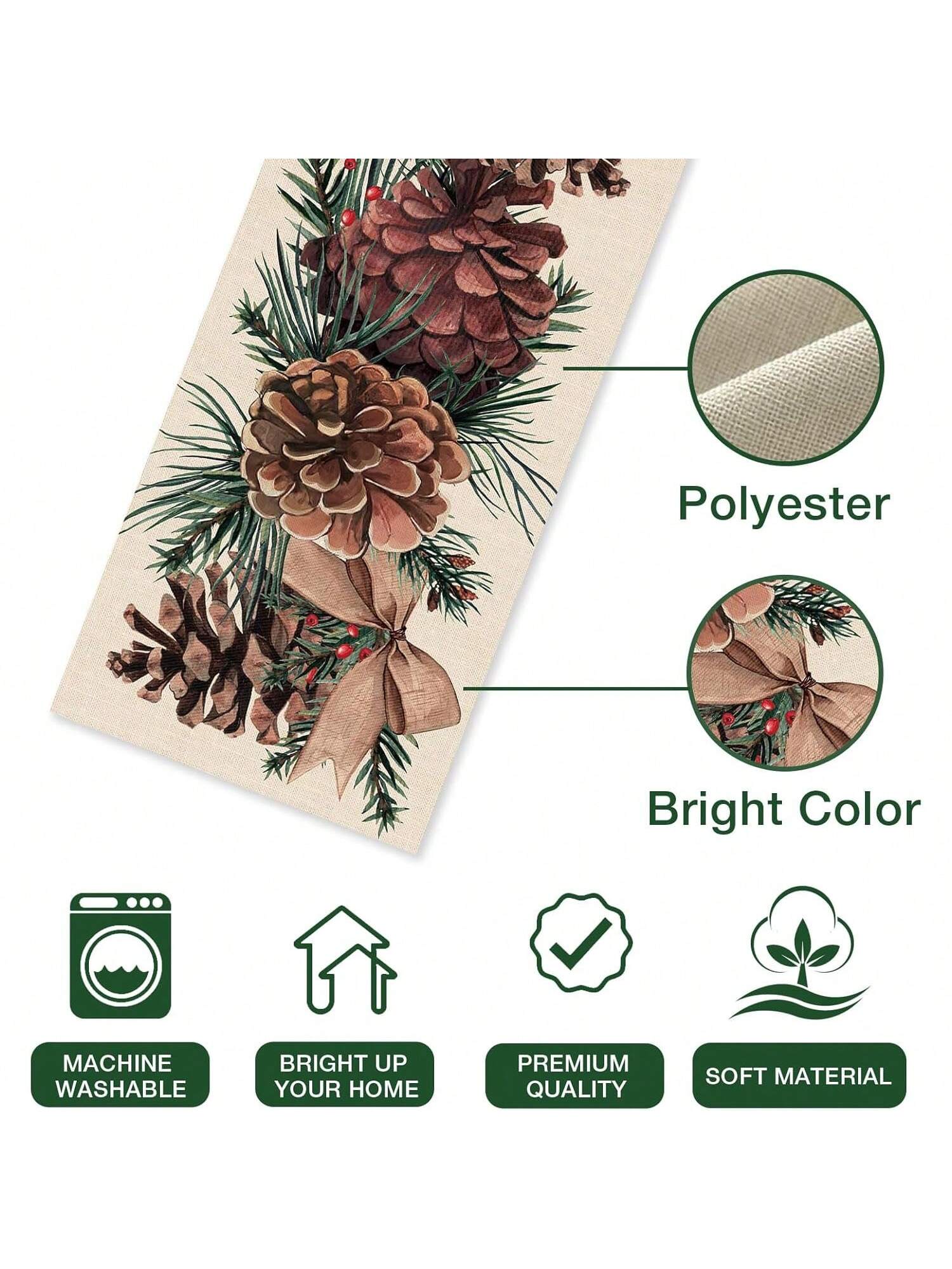 1 Pc Farmhouse Kitchen Table Runner, Pine Cone Berries Bow Decor Christmas Holiday Seasonal Home Decoration, Indoor Outdoor Party Supplies