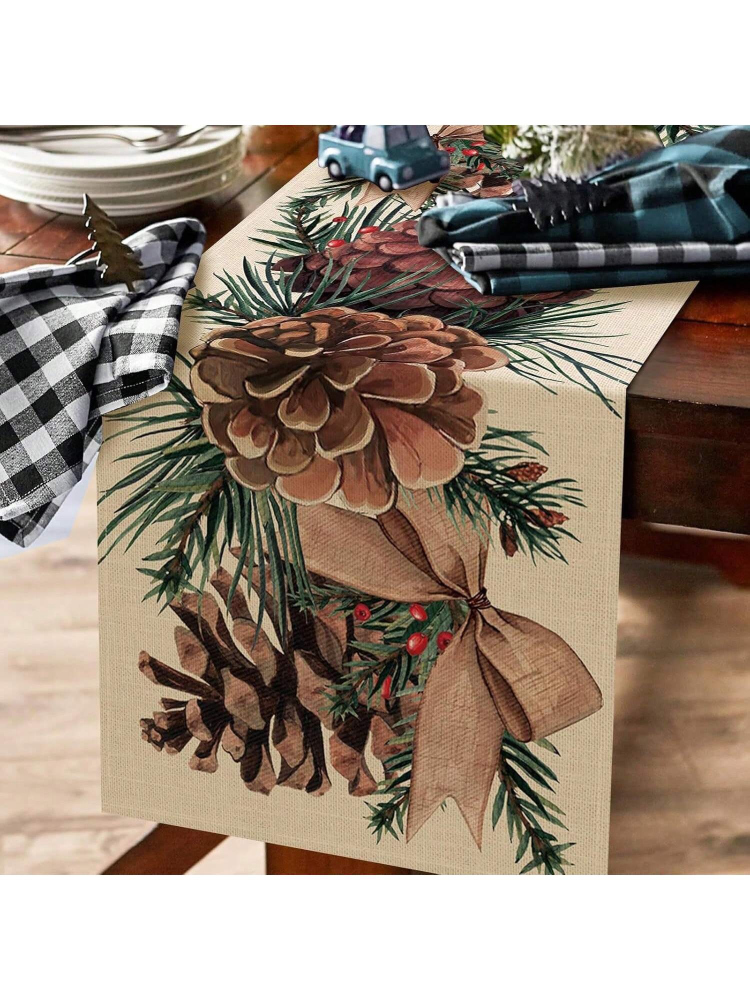 1 Pc Farmhouse Kitchen Table Runner, Pine Cone Berries Bow Decor Christmas Holiday Seasonal Home Decoration, Indoor Outdoor Party Supplies