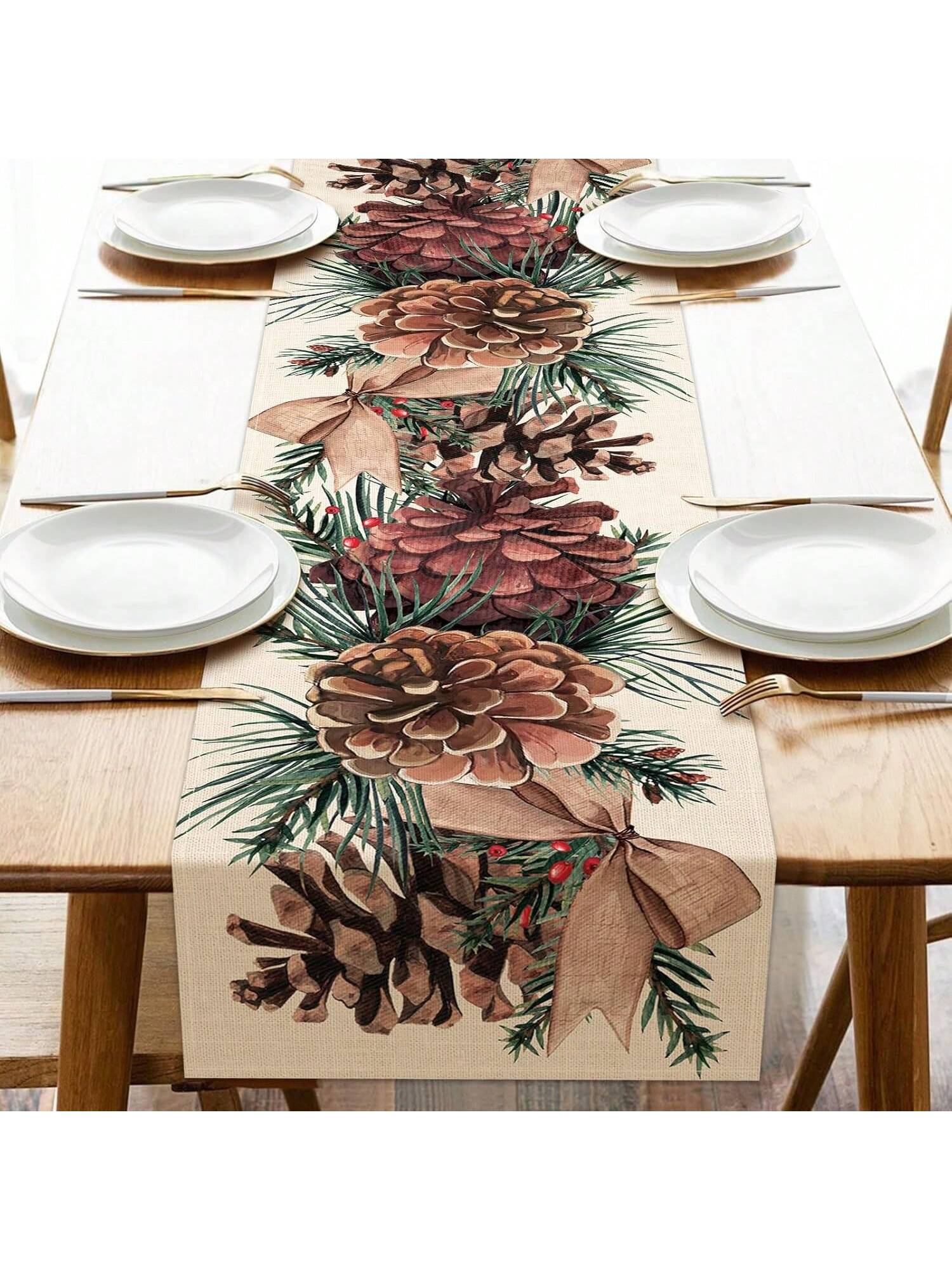 1 Pc Farmhouse Kitchen Table Runner, Pine Cone Berries Bow Decor Christmas Holiday Seasonal Home Decoration, Indoor Outdoor Party Supplies