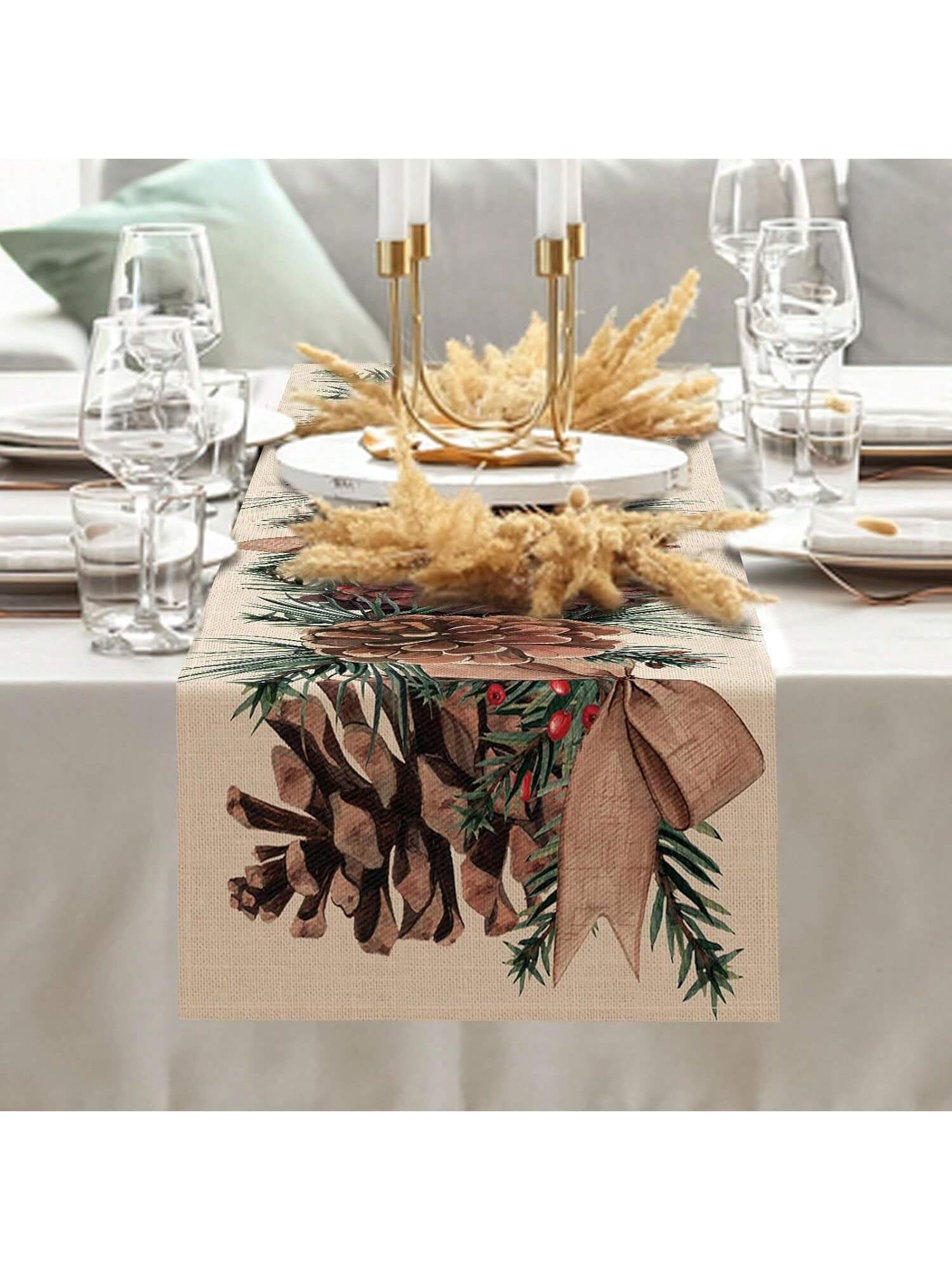 1 Pc Farmhouse Kitchen Table Runner, Pine Cone Berries Bow Decor Christmas Holiday Seasonal Home Decoration, Indoor Outdoor Party Supplies