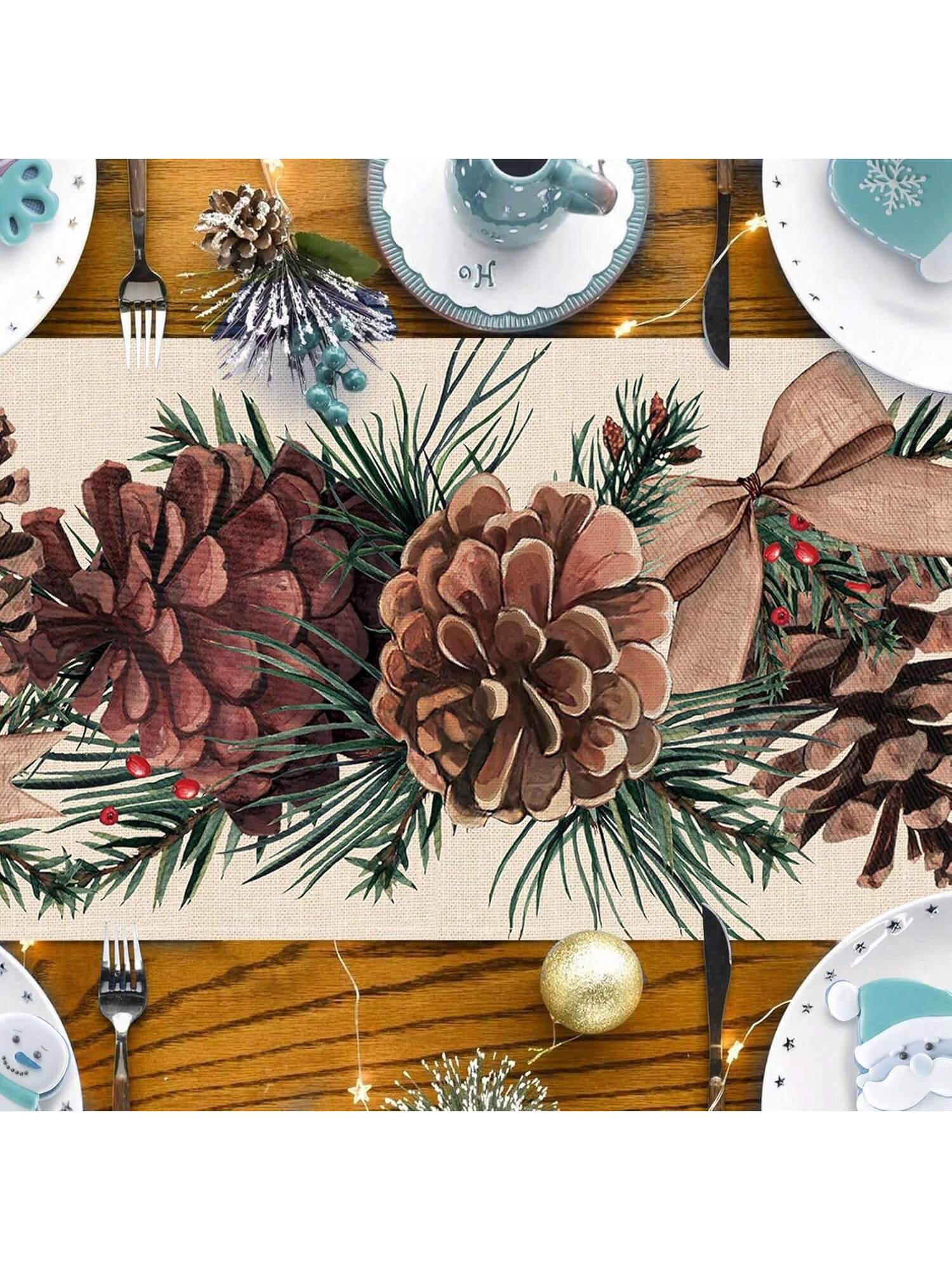 1 Pc Farmhouse Kitchen Table Runner, Pine Cone Berries Bow Decor Christmas Holiday Seasonal Home Decoration, Indoor Outdoor Party Supplies