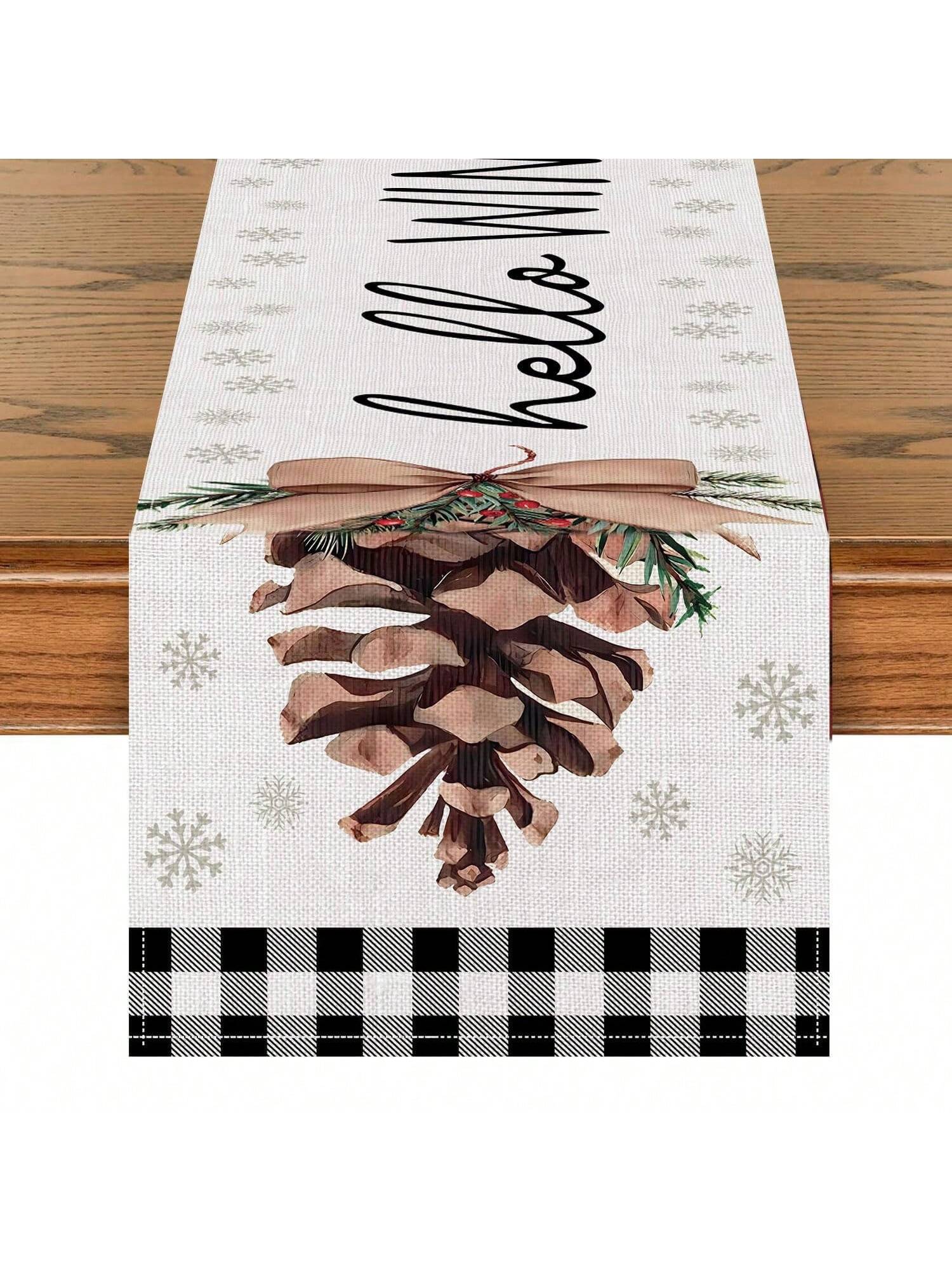 1 Pc Farmhouse Kitchen Table Runner, Pine Cone Berries Bow Decor Christmas Holiday Seasonal Home Decoration, Indoor Outdoor Party Supplies