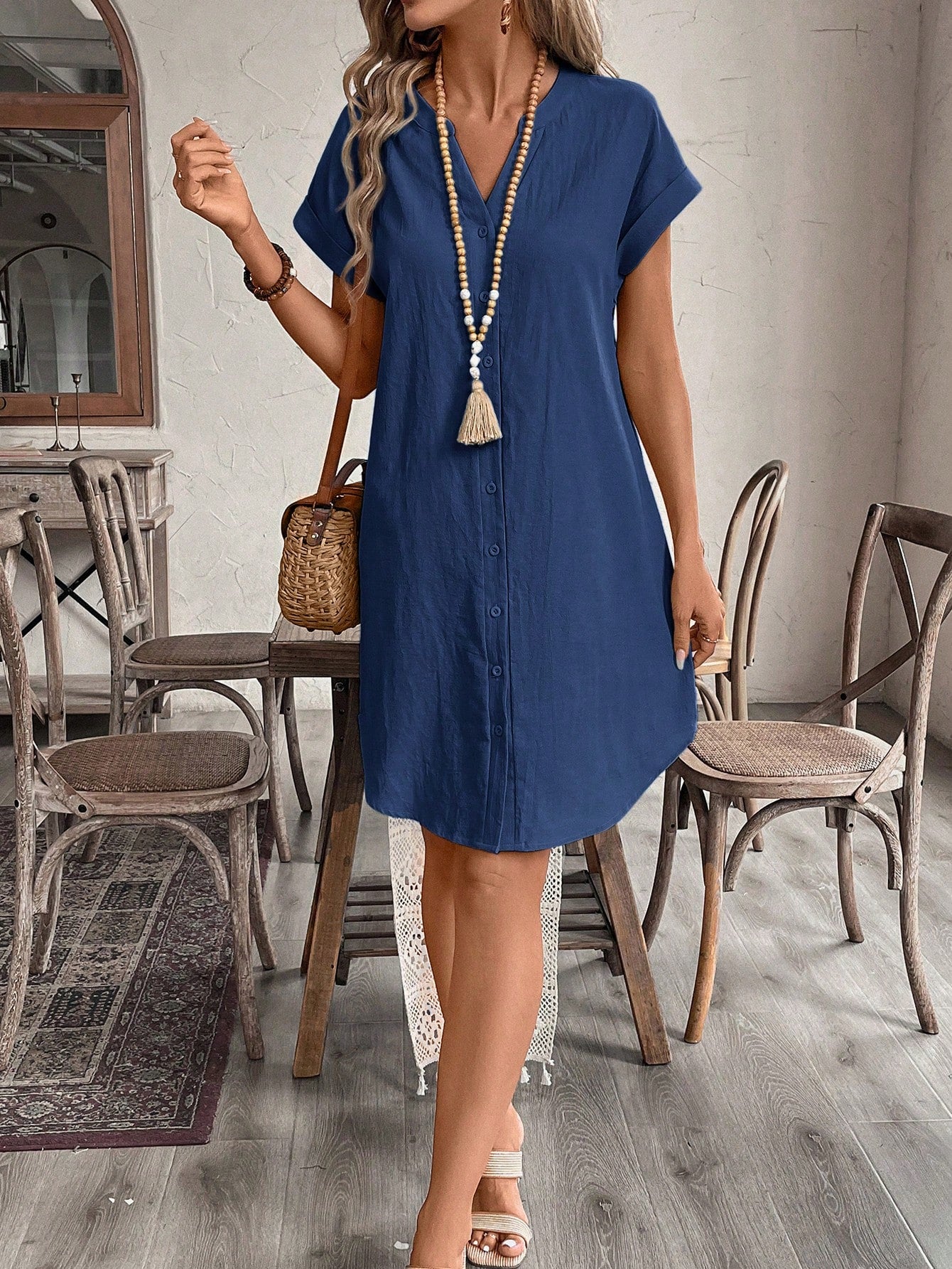 EMERY ROSE 1pc Women Solid Color V Neck Short Sleeve Simple Casual Dress