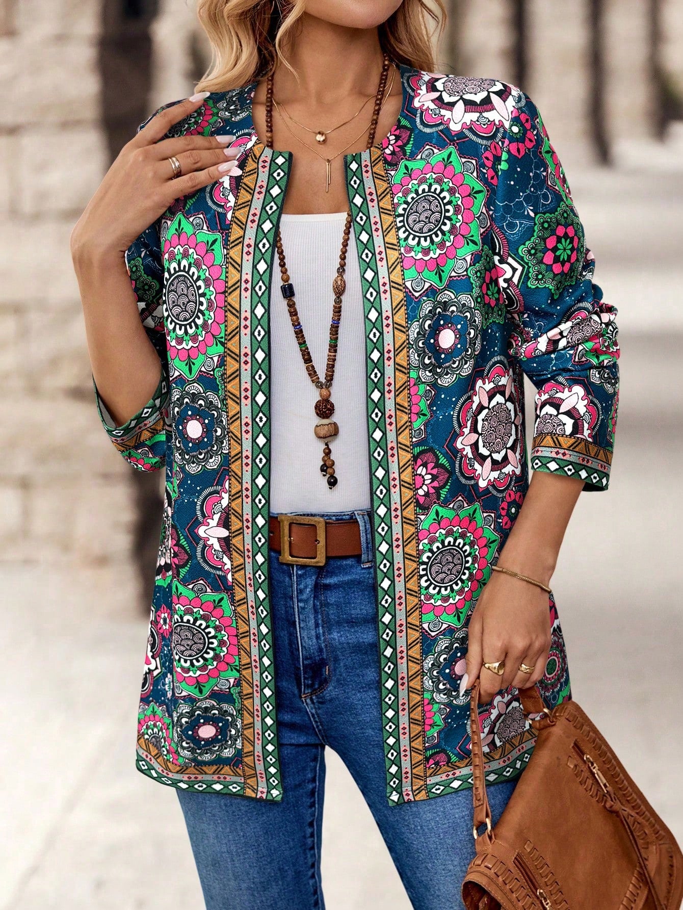 EMERY ROSE Women's Retro Printed Jacket Padded Coat Fall Jackets Fall Women Clothes, Ladies Spring/Fall Boho Regular Sleeve Regular Fit Multicolor All Over Print, Retro Women Coats, Casual Daily Wear