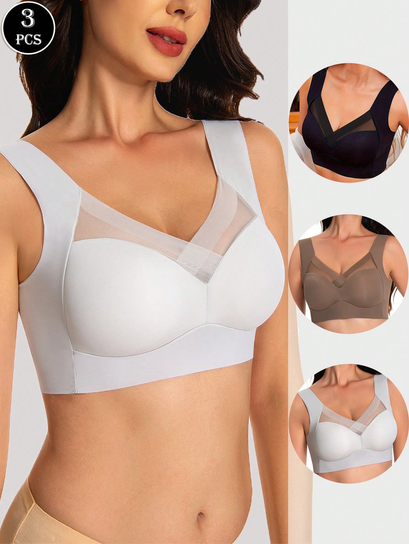 3pcs Ladies V-Neck Contrast Mesh Seamless Bralette Comfortable Wire-Free Bra, Lingerie