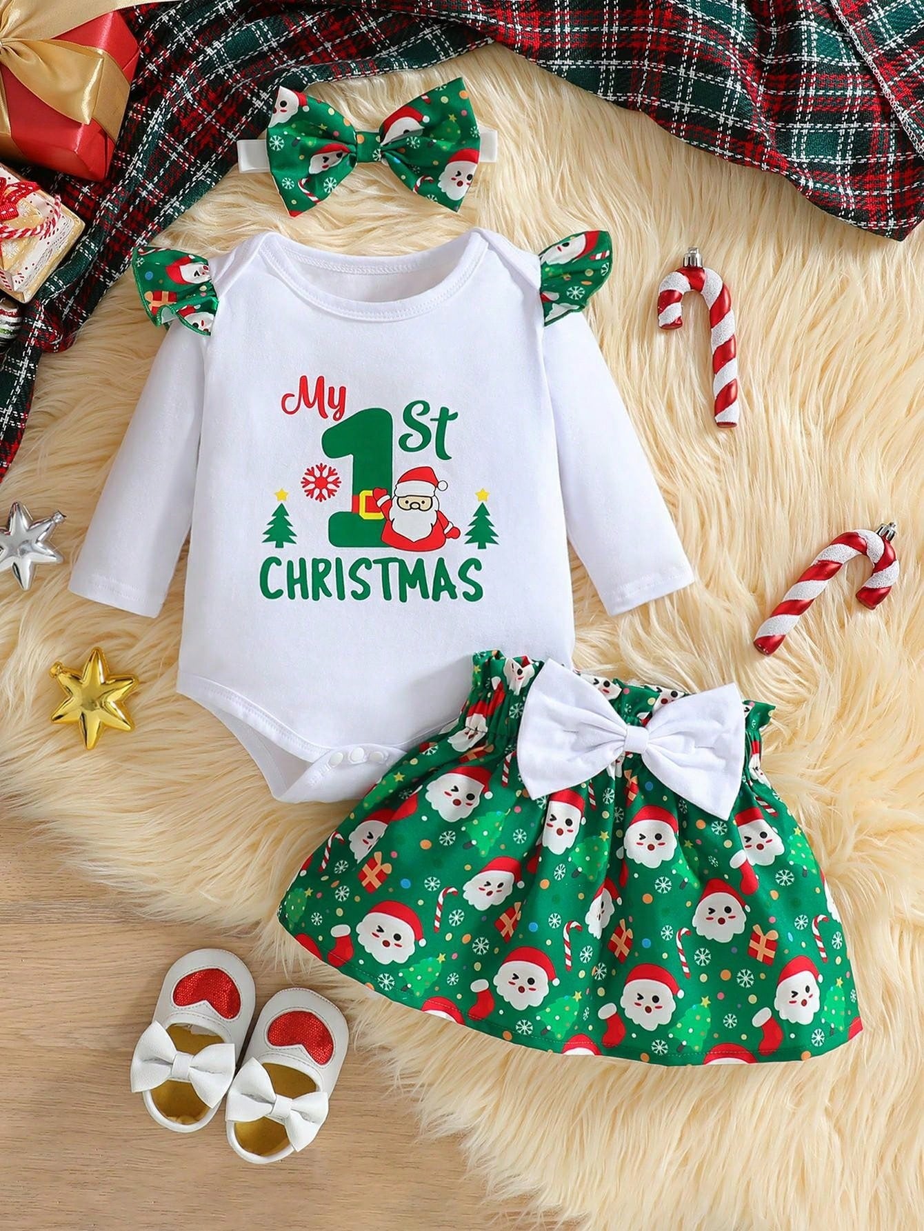 Baby Girls Christmas Outfit Set, Including Ruffled Neck Letter Graphic Jumpsuit, Cartoon Santa Claus Print Skirt With Big Bow, And Headband, Adorable Outfit For Autumn/Winter