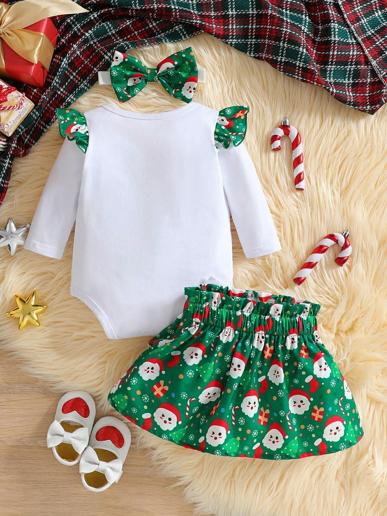 Baby Girls Christmas Outfit Set, Including Ruffled Neck Letter Graphic Jumpsuit, Cartoon Santa Claus Print Skirt With Big Bow, And Headband, Adorable Outfit For Autumn/Winter