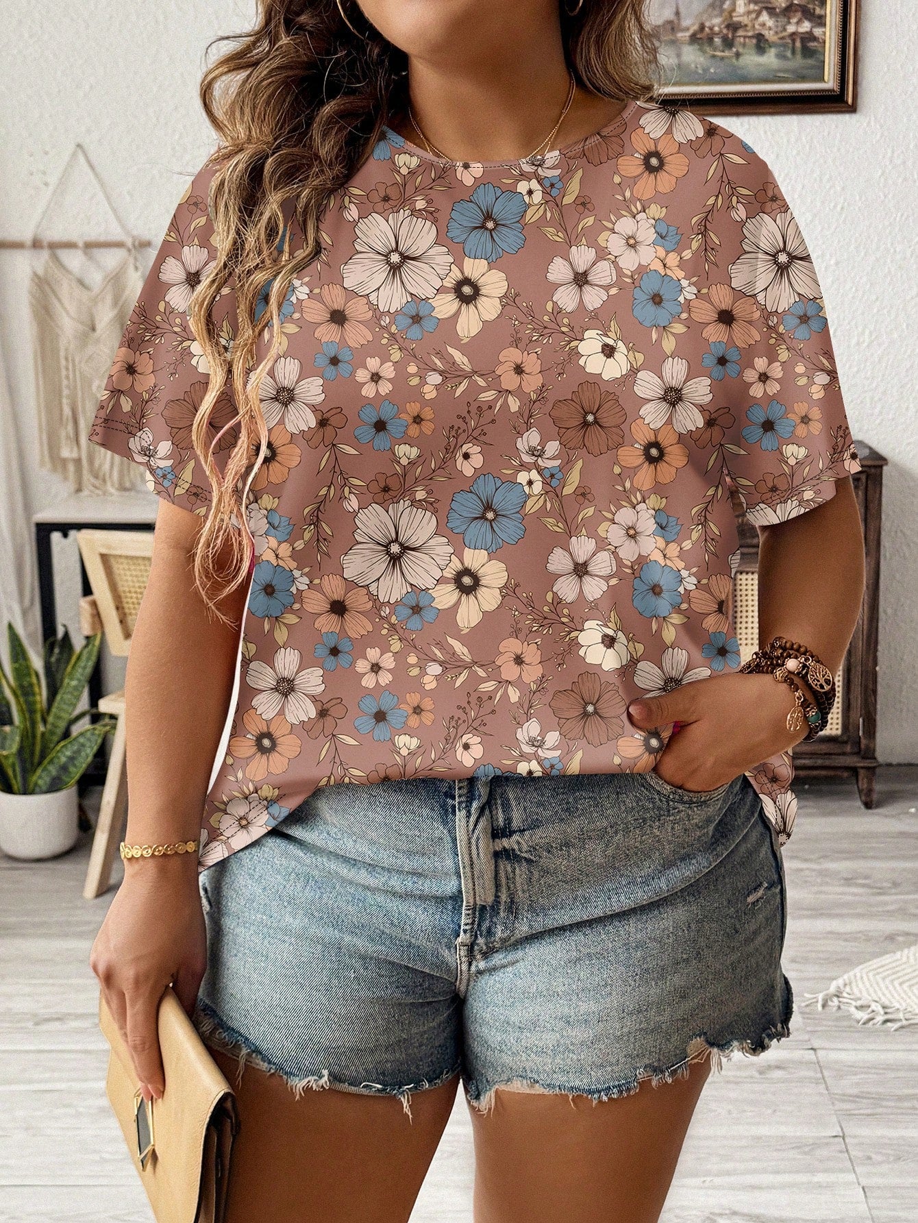 LUNE Casual Floral Pattern Loose Fit Round Neck Short Sleeve Plus Size T-Shirt, Summer