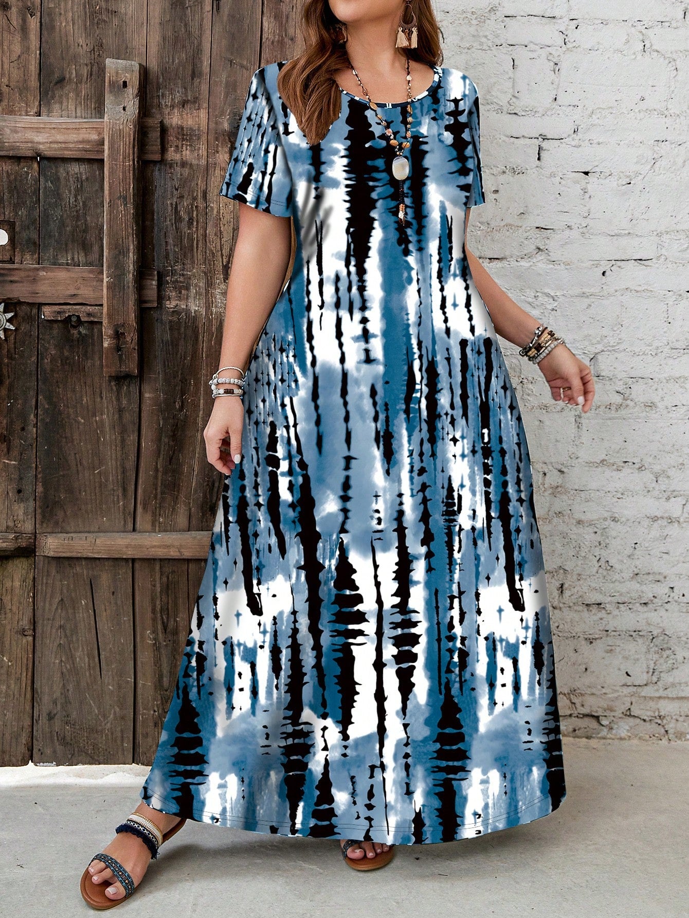 EMERY ROSE Plus Size Vacation Casual Tie-Dye Printed Long Dress