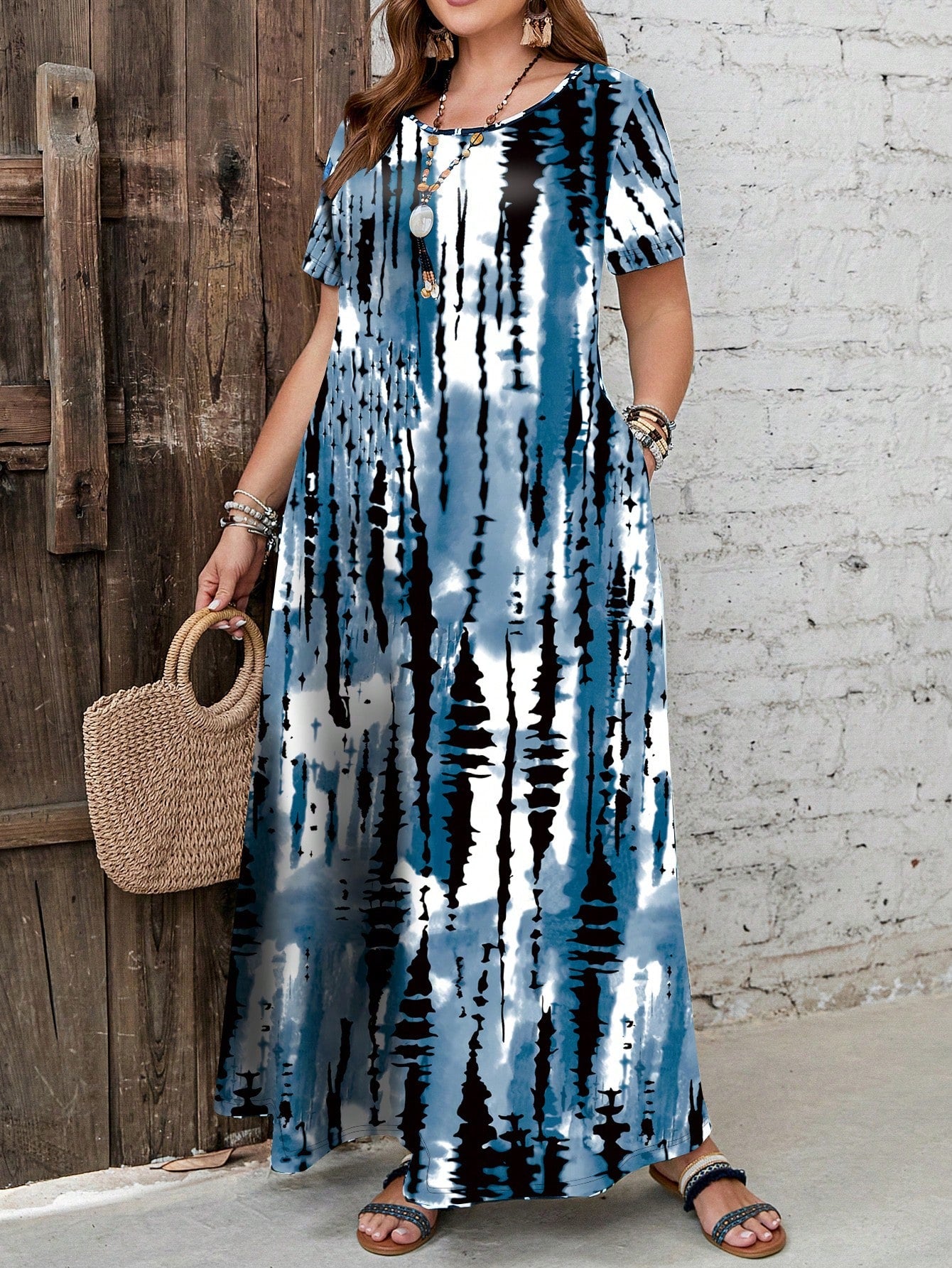 EMERY ROSE Plus Size Vacation Casual Tie-Dye Printed Long Dress